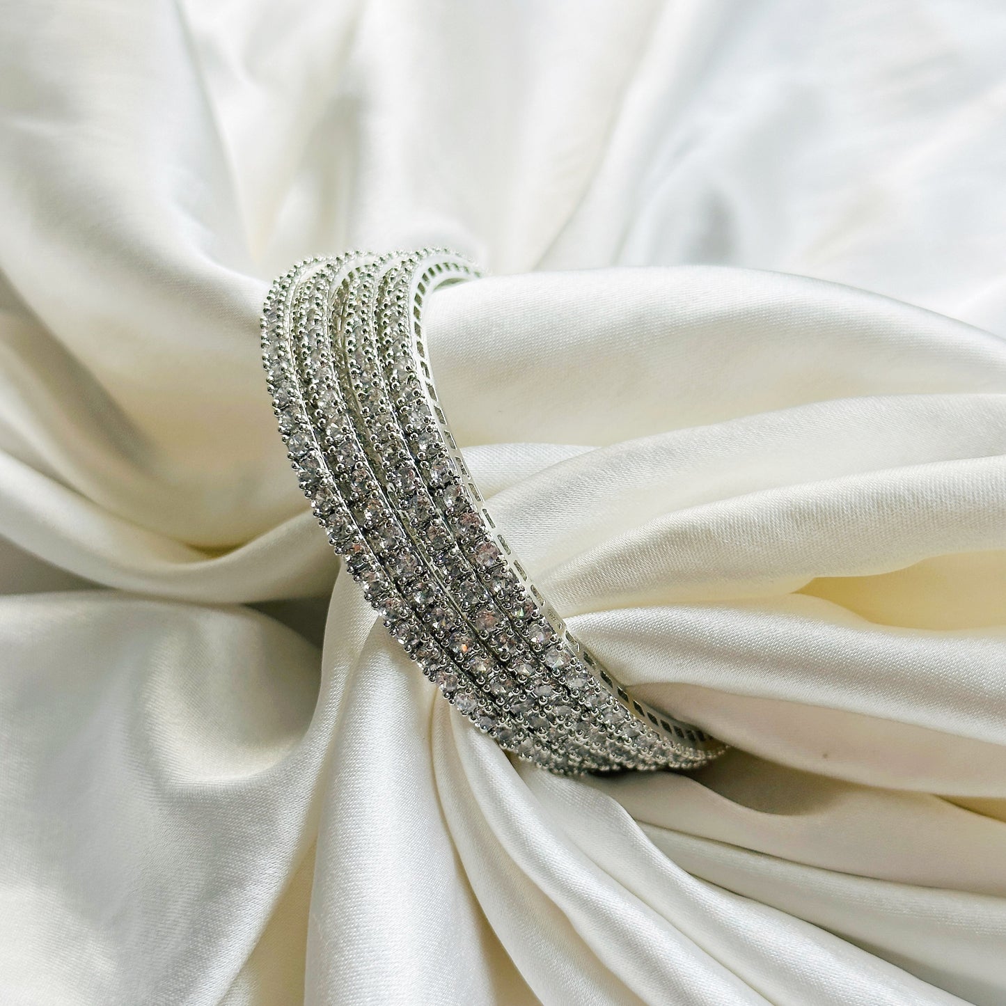 Solitaire Cubic Zirconia American Diamond Silver Plated Bangles, Set of 4