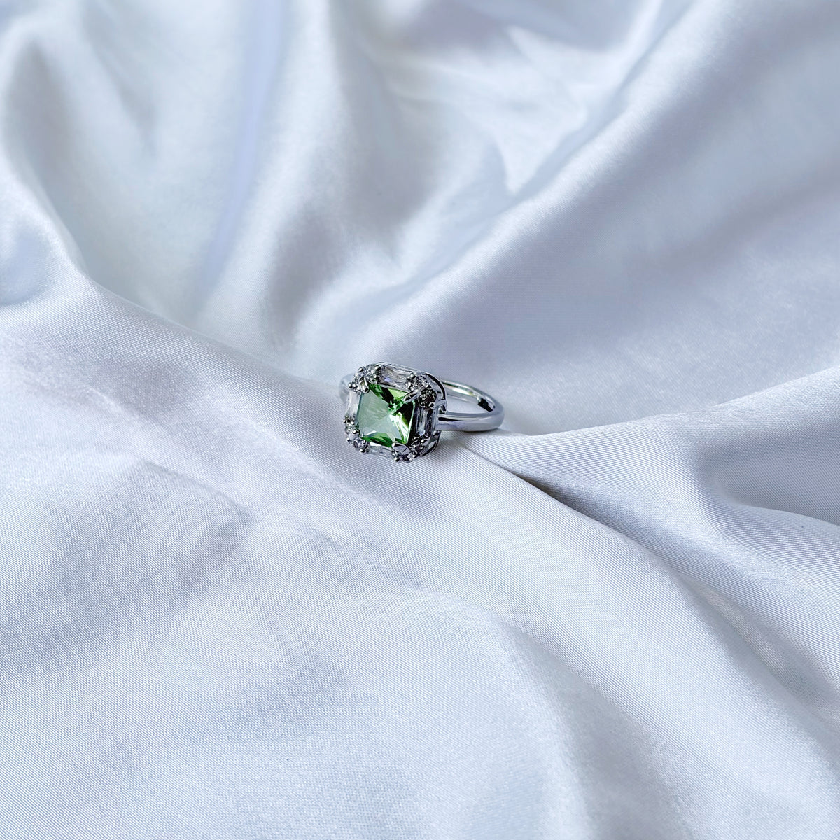 Olive Green Cubic Zirconia Ice Cut American Diamond Silver Plated Adjustable Ring
