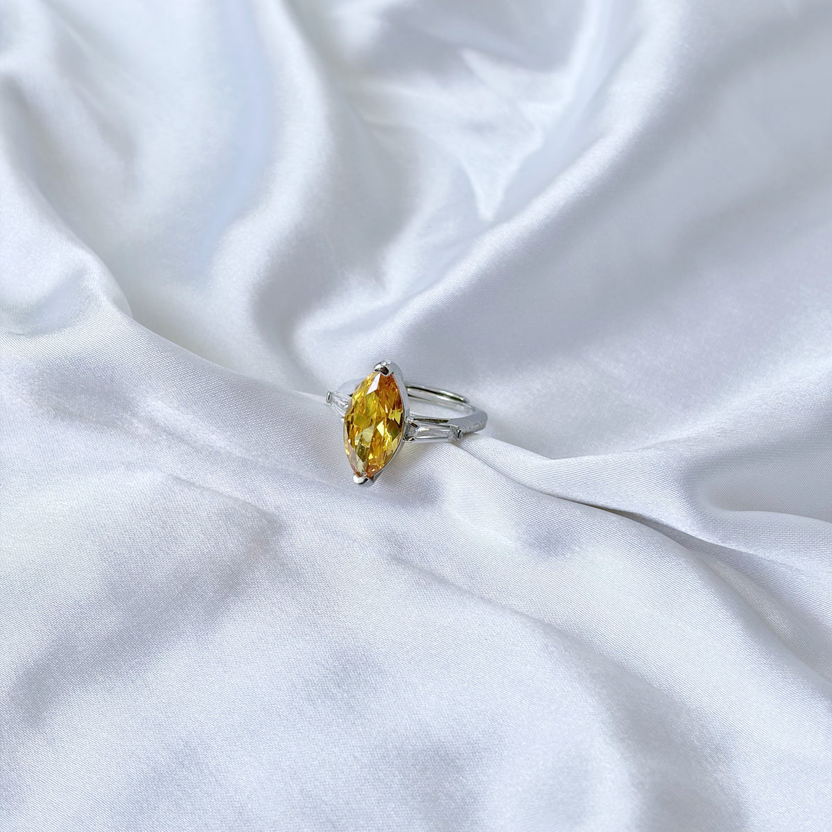 Yellow Topaz Cubic Zirconia Ice Cut American Diamond Silver Plated Adjustable Ring