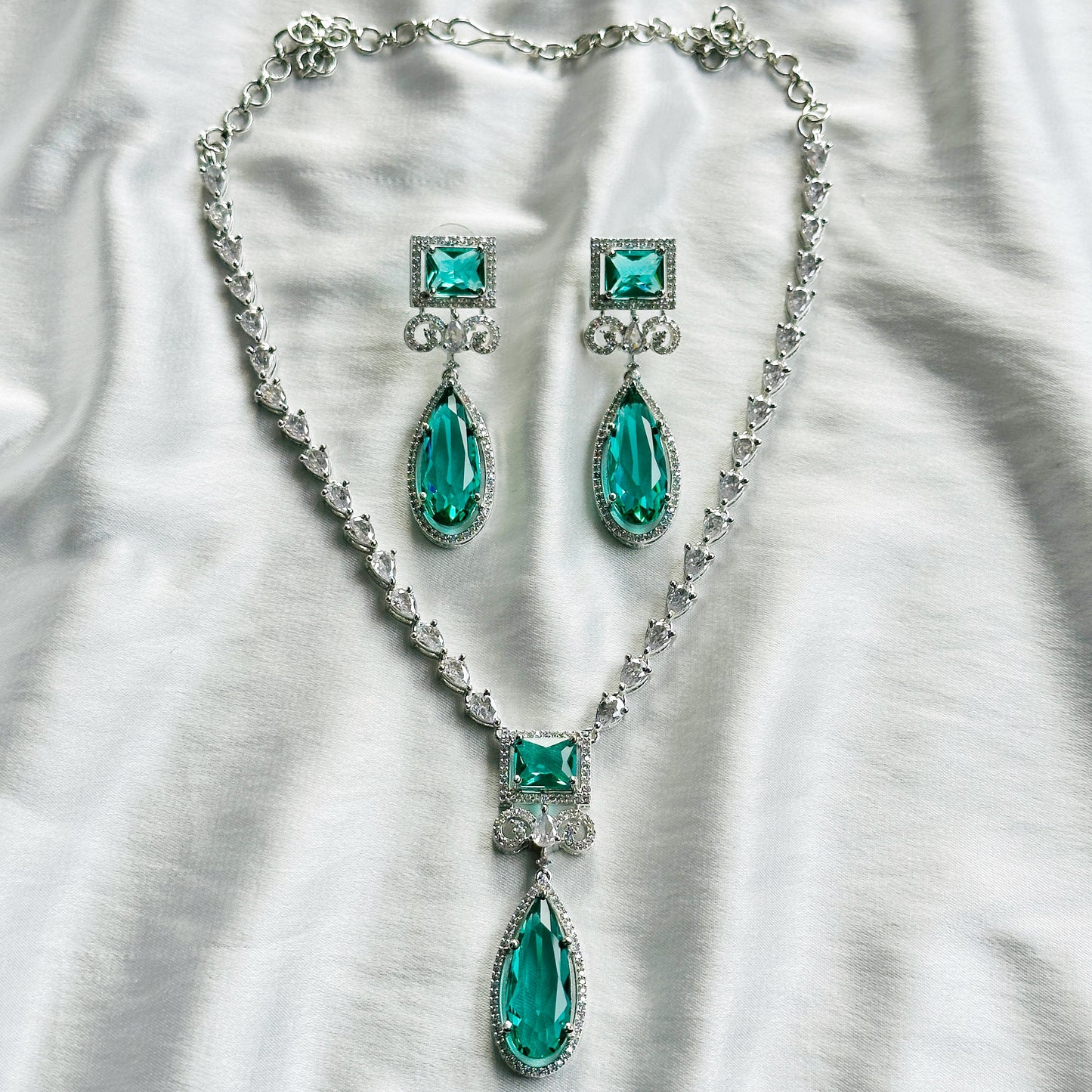 Sea Green Topaz Cubic Zircon Stone American Diamond Silver Plated Necklace Set