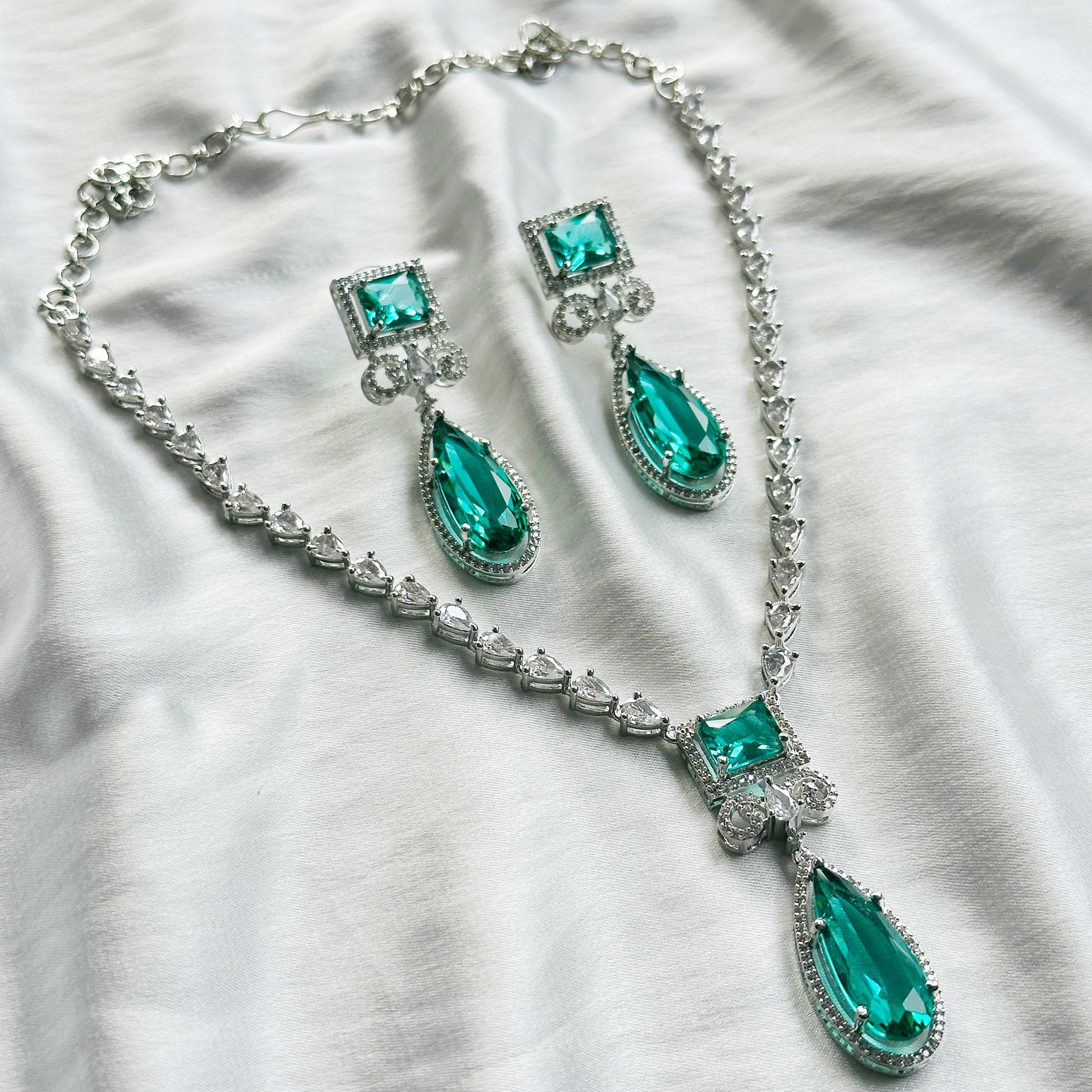 Sea Green Topaz Cubic Zircon Stone American Diamond Silver Plated Necklace Set