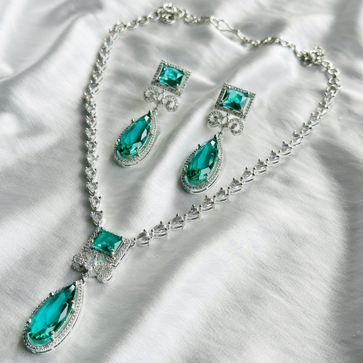 Sea Green Topaz Cubic Zircon Stone American Diamond Silver Plated Necklace Set