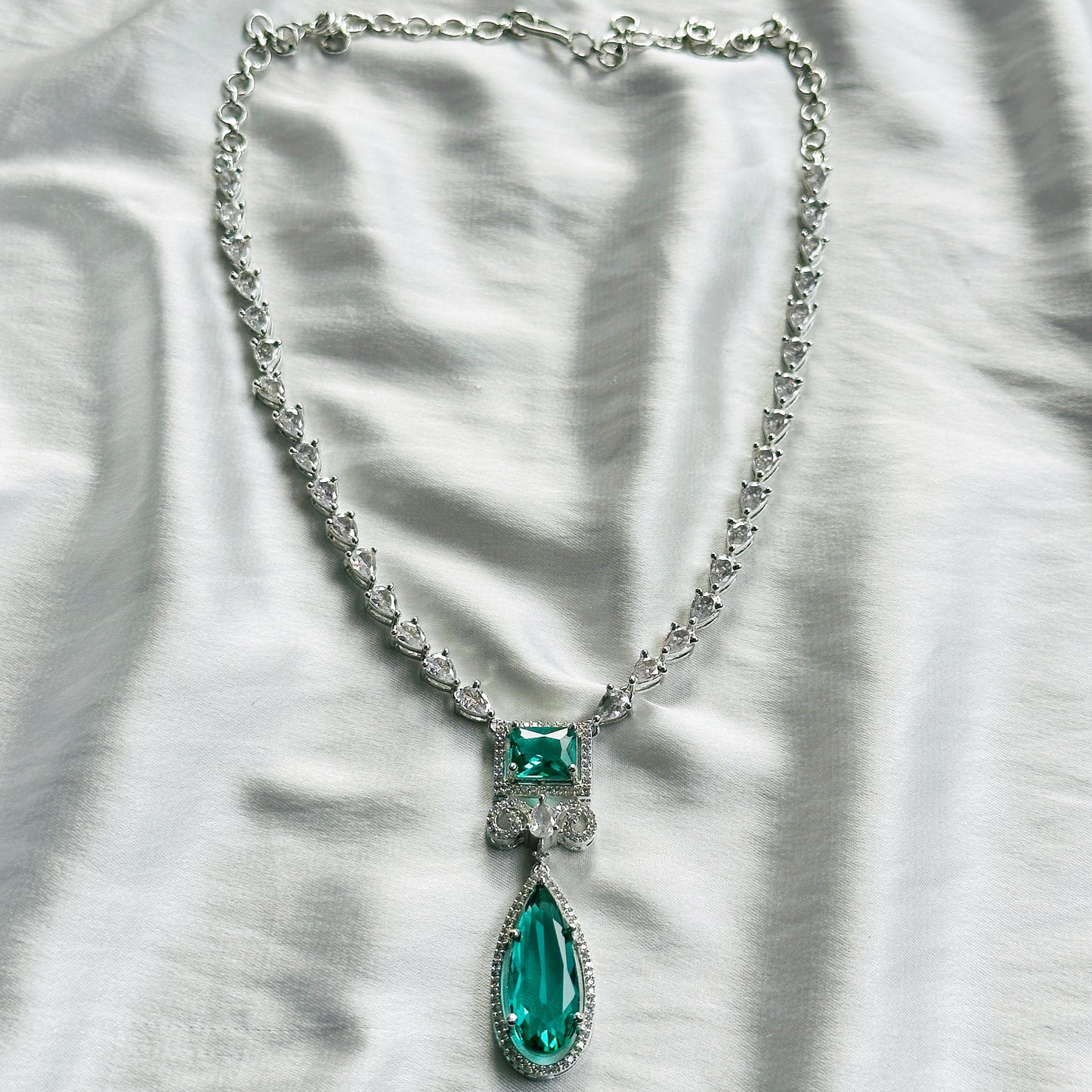 Sea Green Topaz Cubic Zircon Stone American Diamond Silver Plated Necklace Set