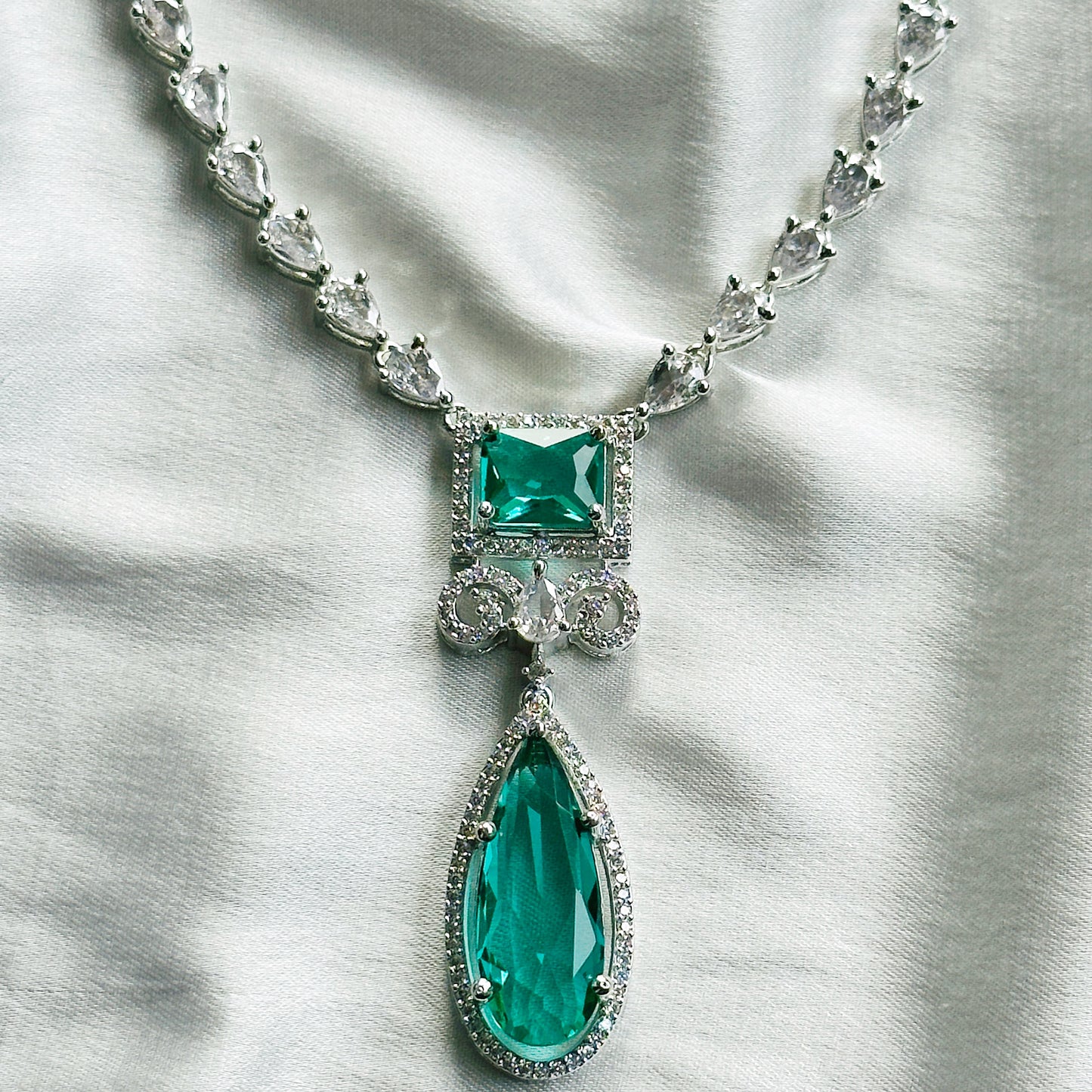 Sea Green Topaz Cubic Zircon Stone American Diamond Silver Plated Necklace Set