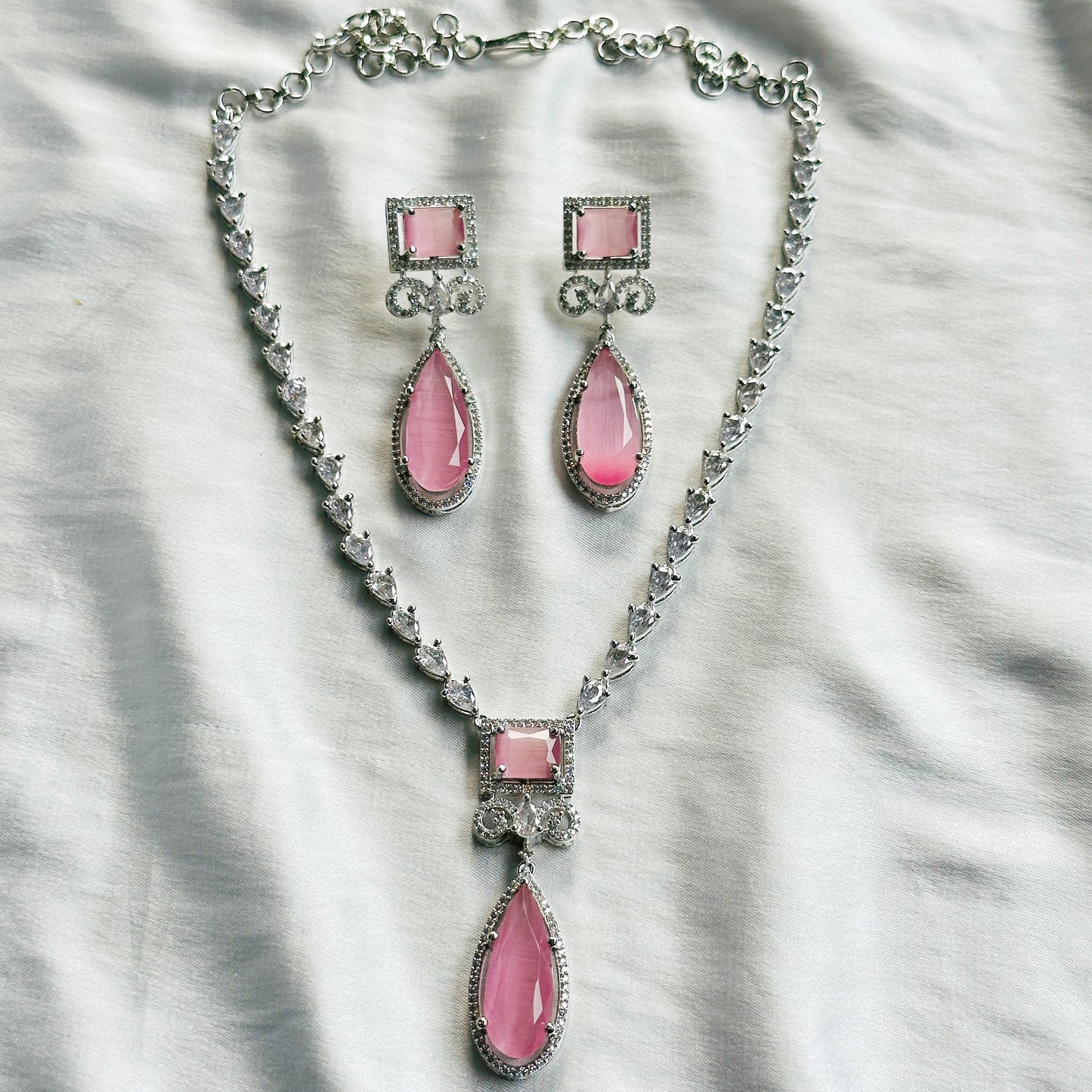 Pink Topaz Zircon Stone American Diamond Silver Plated Necklace Set