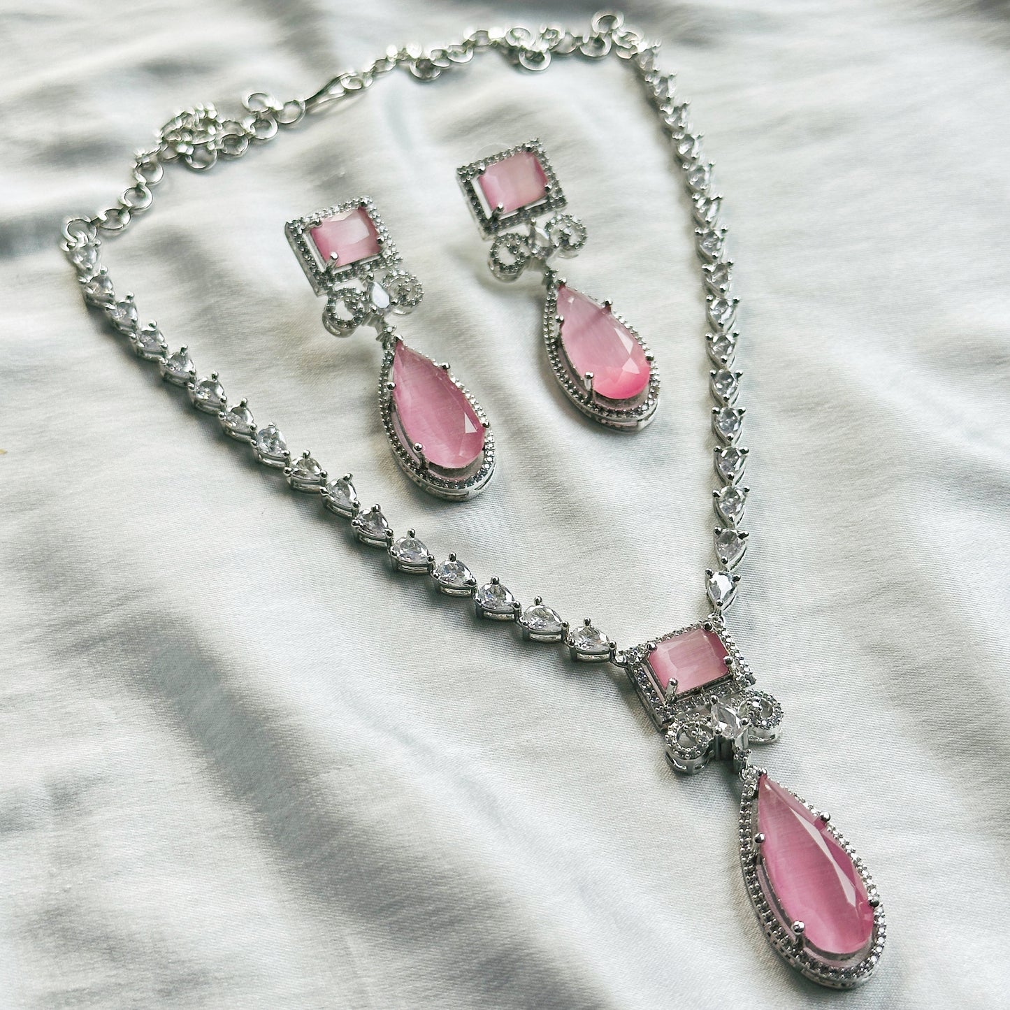 Pink Topaz Zircon Stone American Diamond Silver Plated Necklace Set
