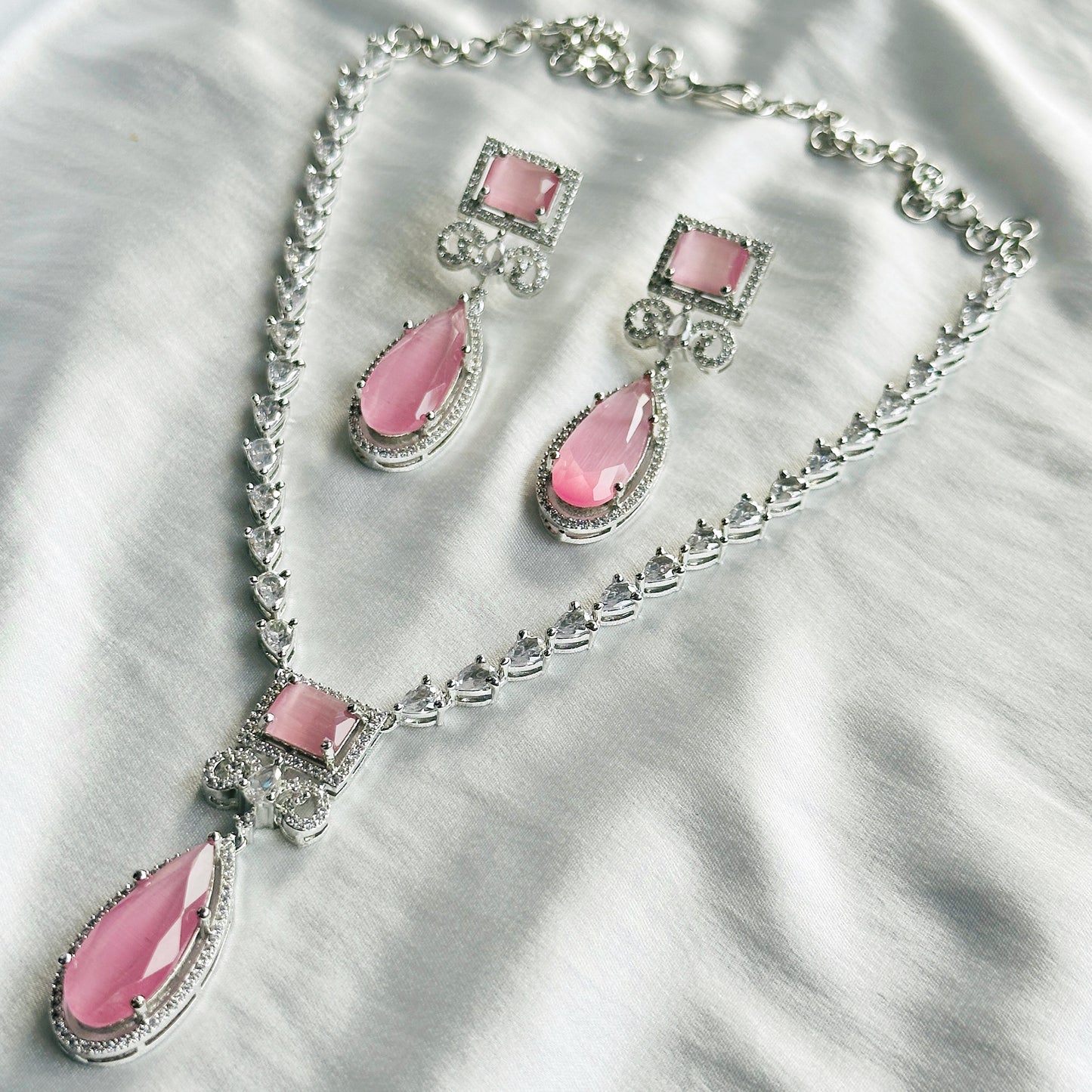 Pink Topaz Zircon Stone American Diamond Silver Plated Necklace Set