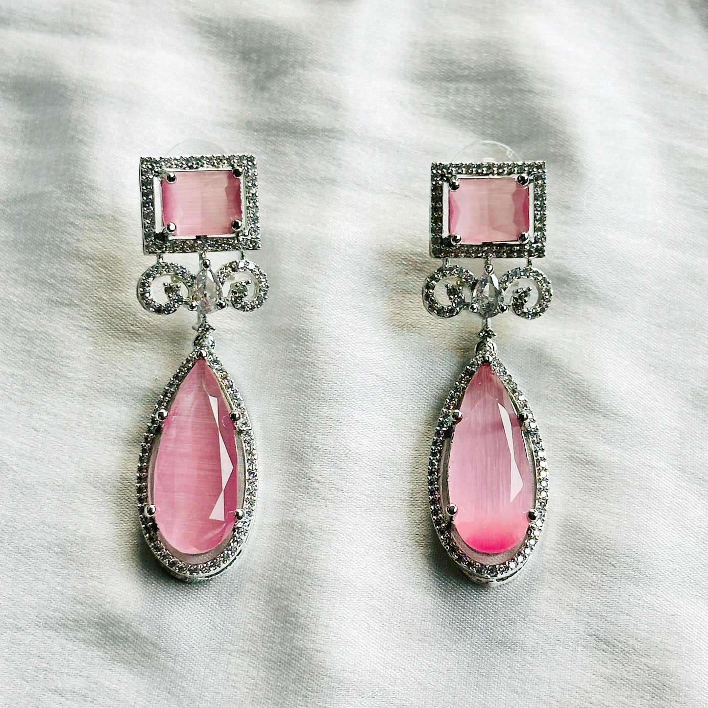 Pink Topaz Zircon Stone American Diamond Silver Plated Necklace Set