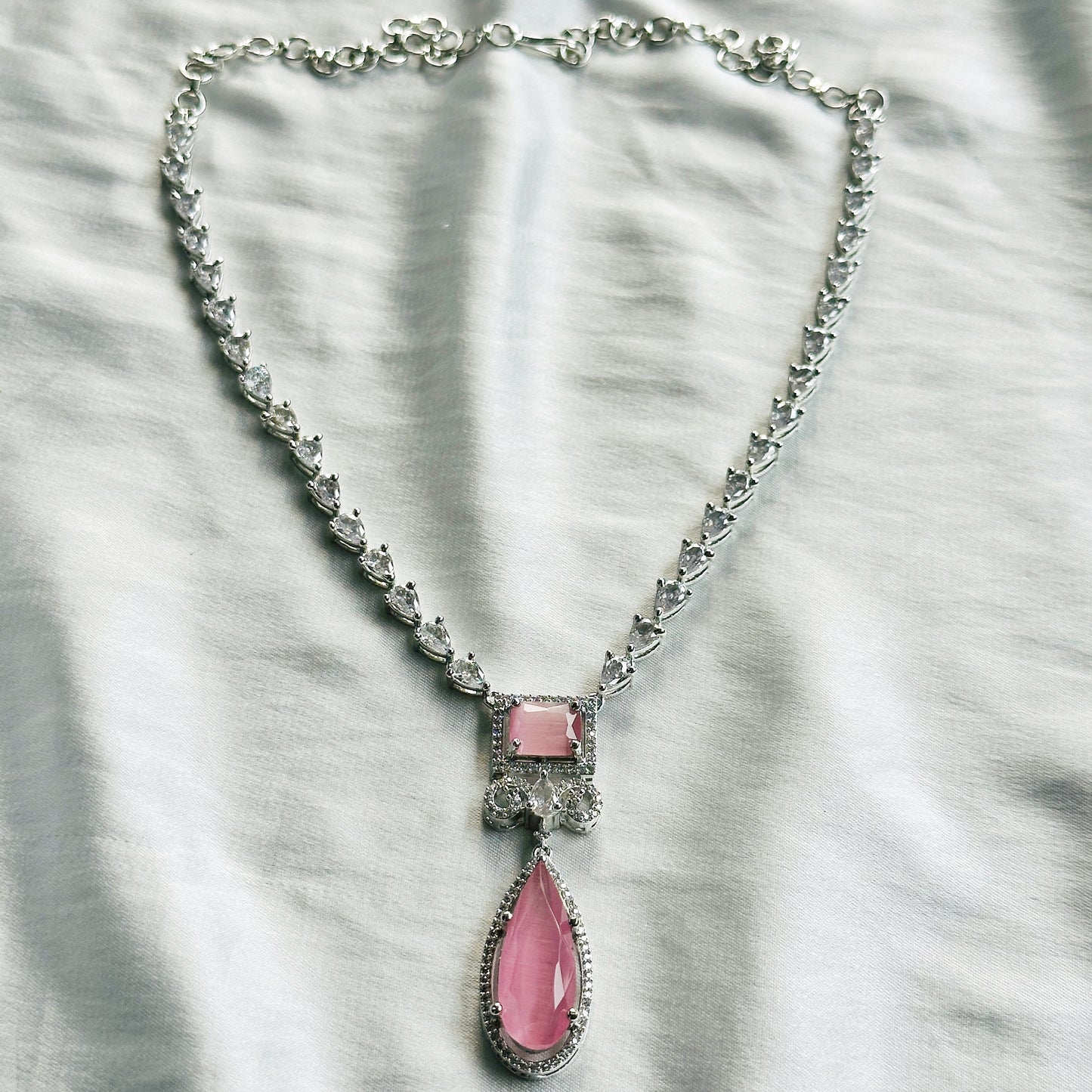 Pink Topaz Zircon Stone American Diamond Silver Plated Necklace Set