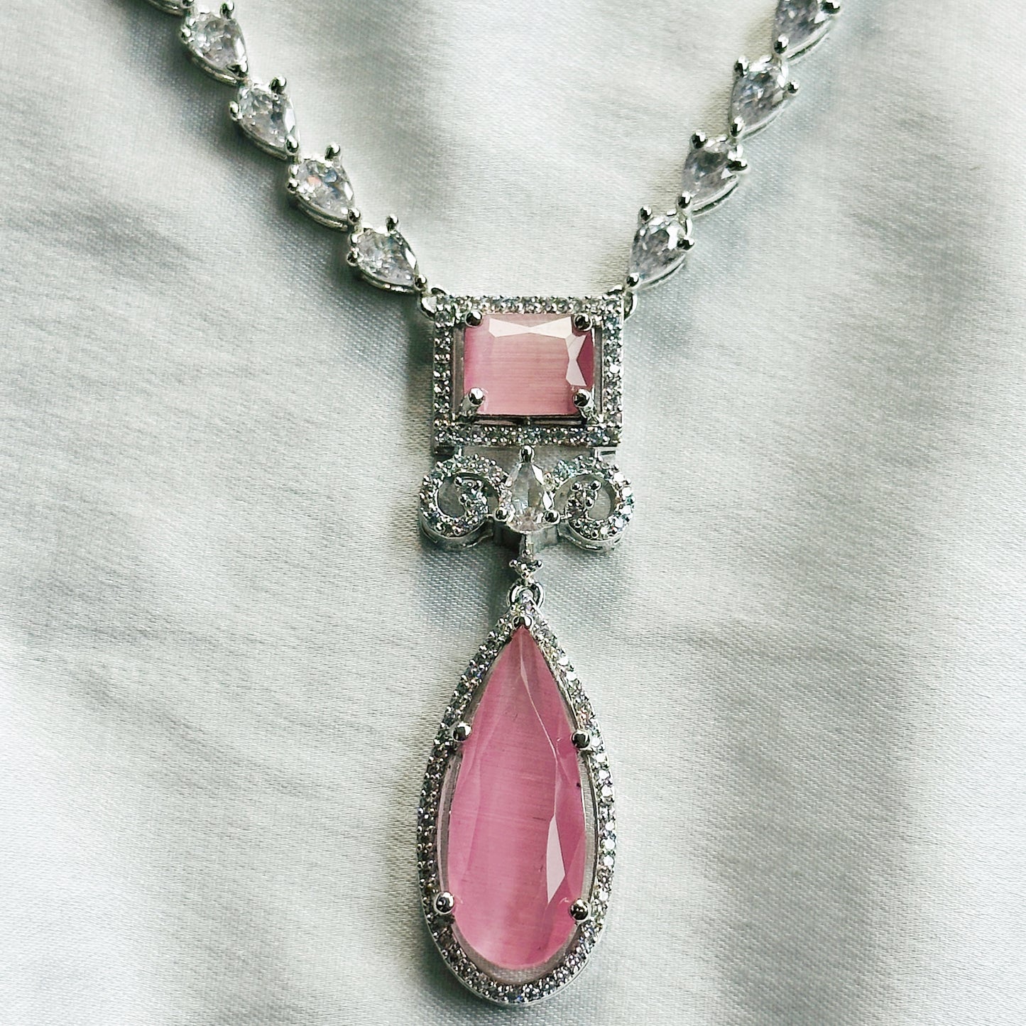 Pink Topaz Zircon Stone American Diamond Silver Plated Necklace Set