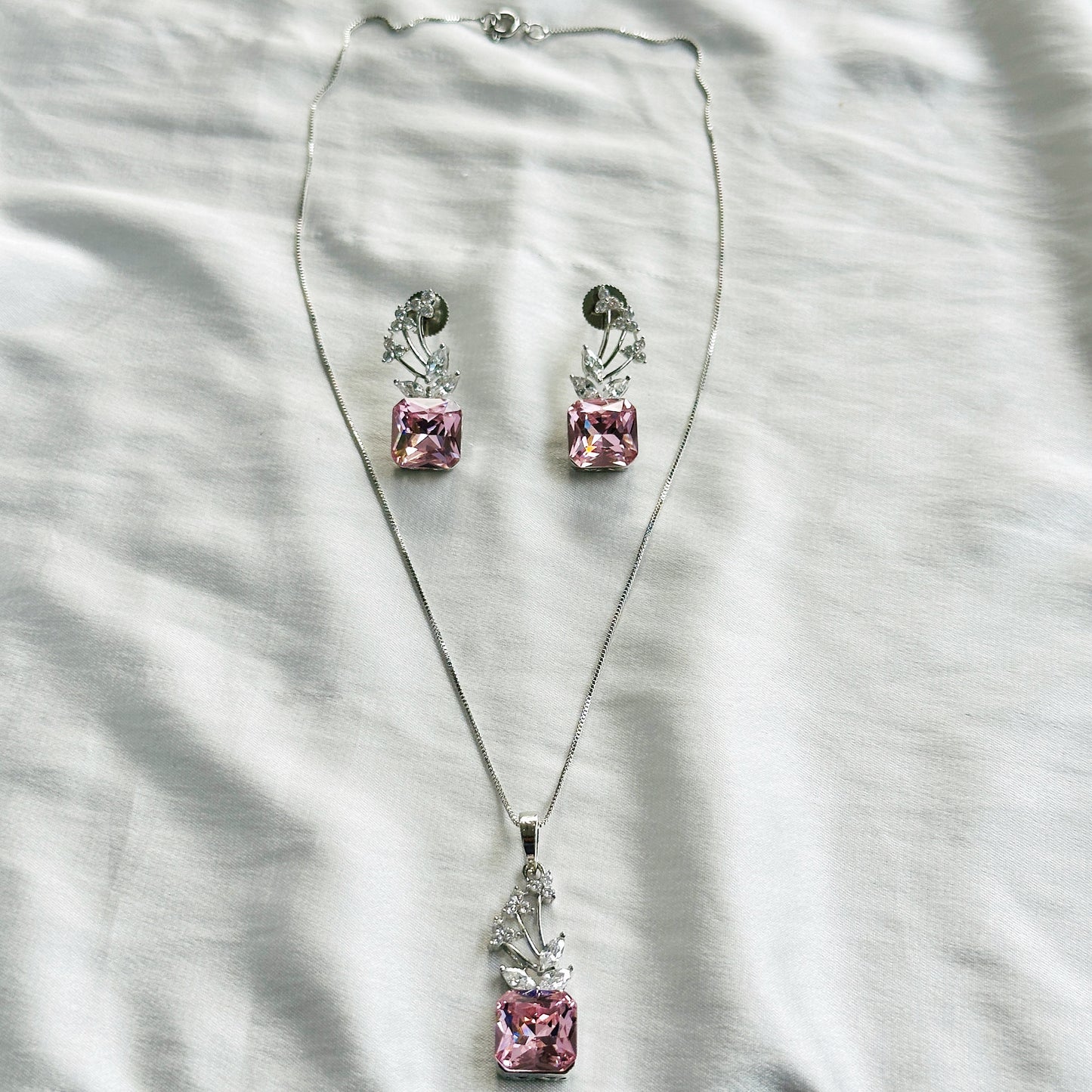 Light Pink Rose Swarovski Crystal American Diamond Silver Plated Pendant Set