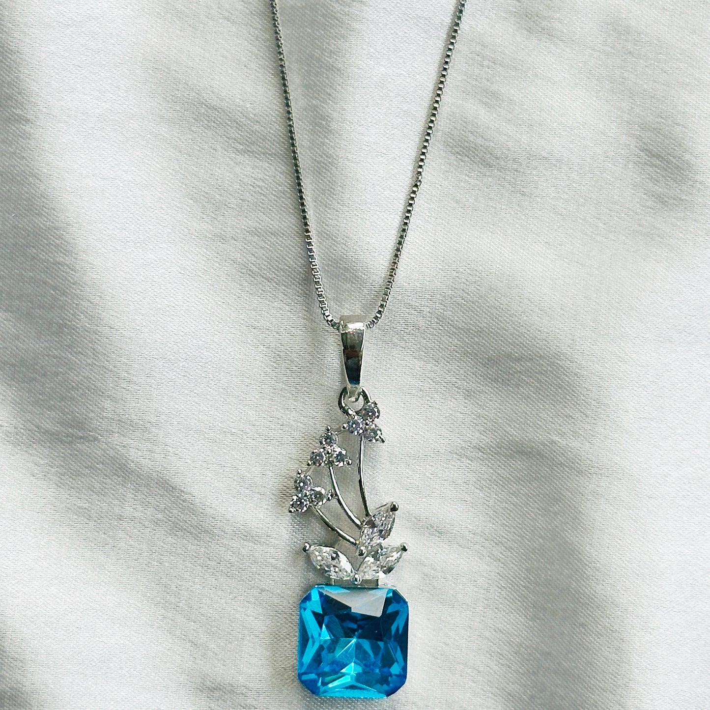 Aqua Blue Indicolite Swarovski Crystal American Diamond Silver Plated Pendant Set
