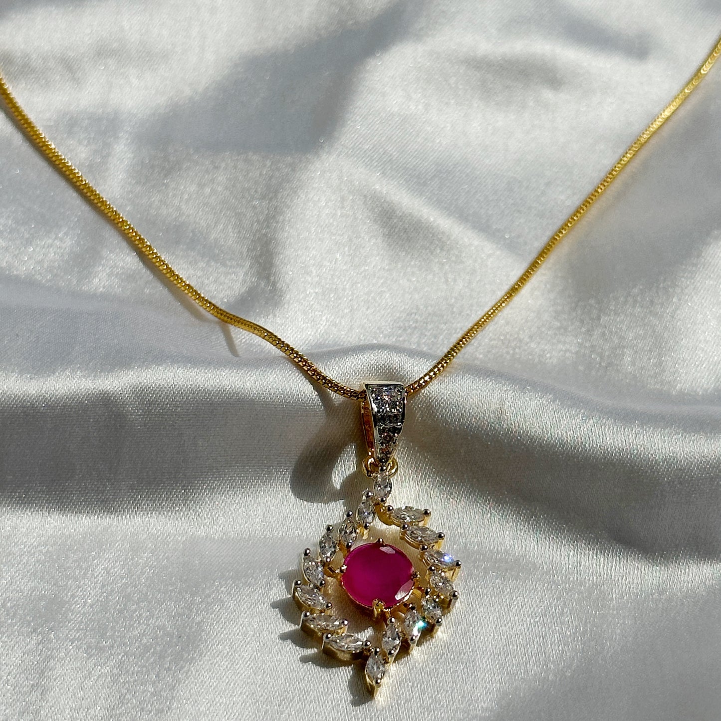 Red Ruby Cubic Zircon American Diamond Gold Plated Pendant Set