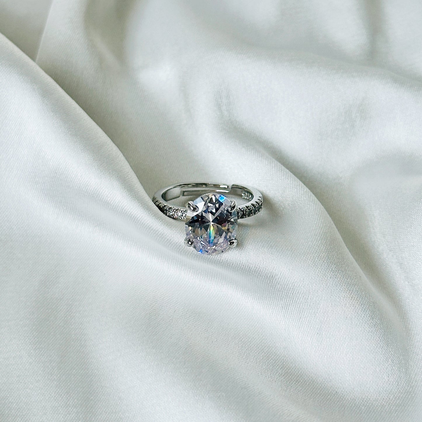 Solitaire Cubic Zircon American Diamond Silver Plated Adjustable Ring