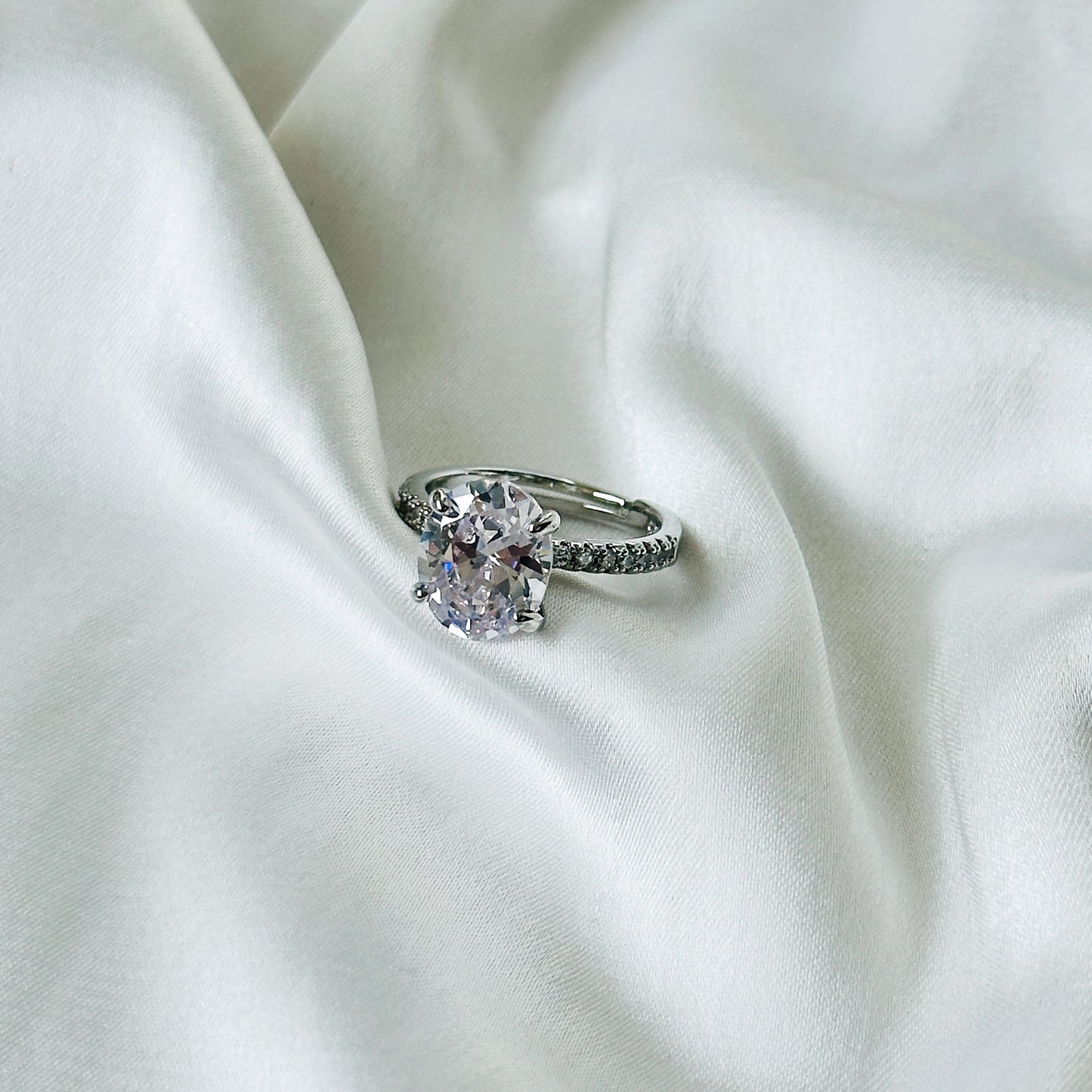 Solitaire Cubic Zircon American Diamond Silver Plated Adjustable Ring