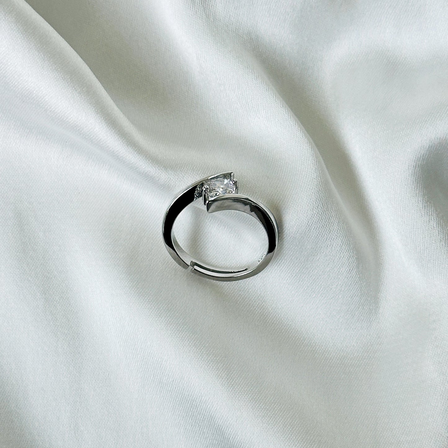 Solitaire Cubic Zirconia Ice Cut American Diamond Silver Plated Adjustable Ring