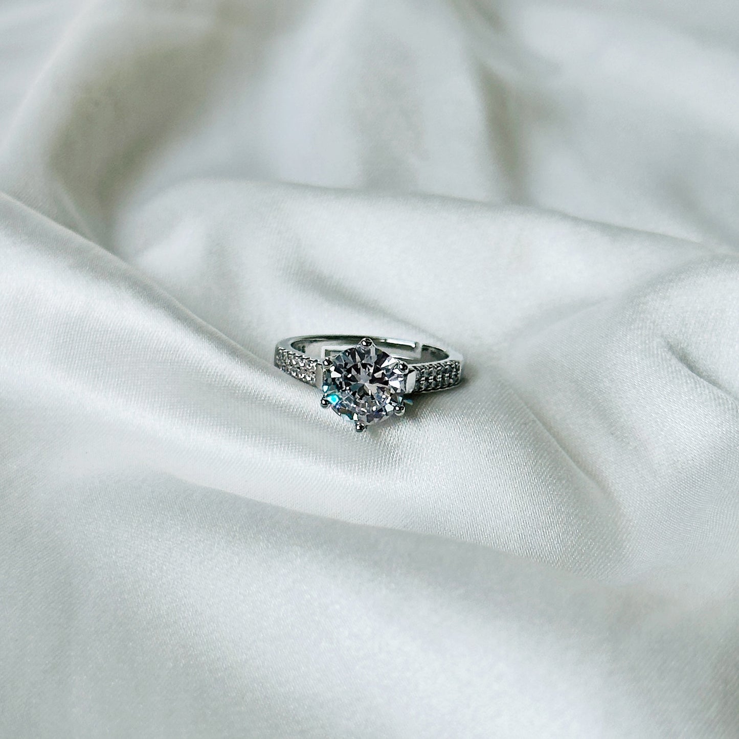 Solitaire Cubic Zircon American Diamond Silver Plated Adjustable Ring