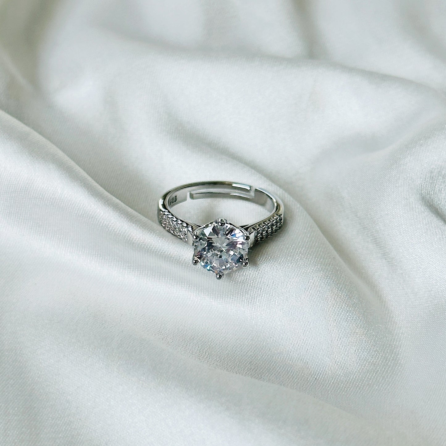 Solitaire Cubic Zircon American Diamond Silver Plated Adjustable Ring