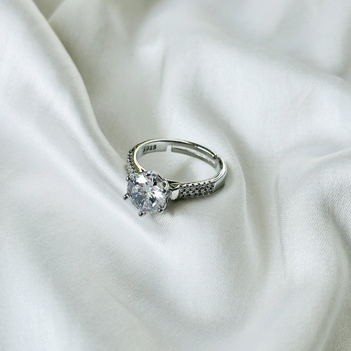 Solitaire Cubic Zircon American Diamond Silver Plated Adjustable Ring