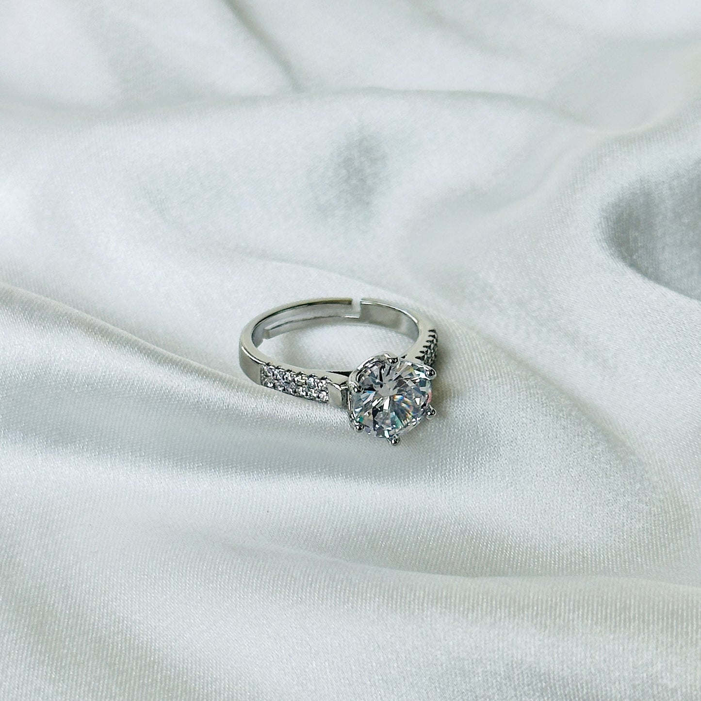 Solitaire Cubic Zircon American Diamond Silver Plated Adjustable Ring
