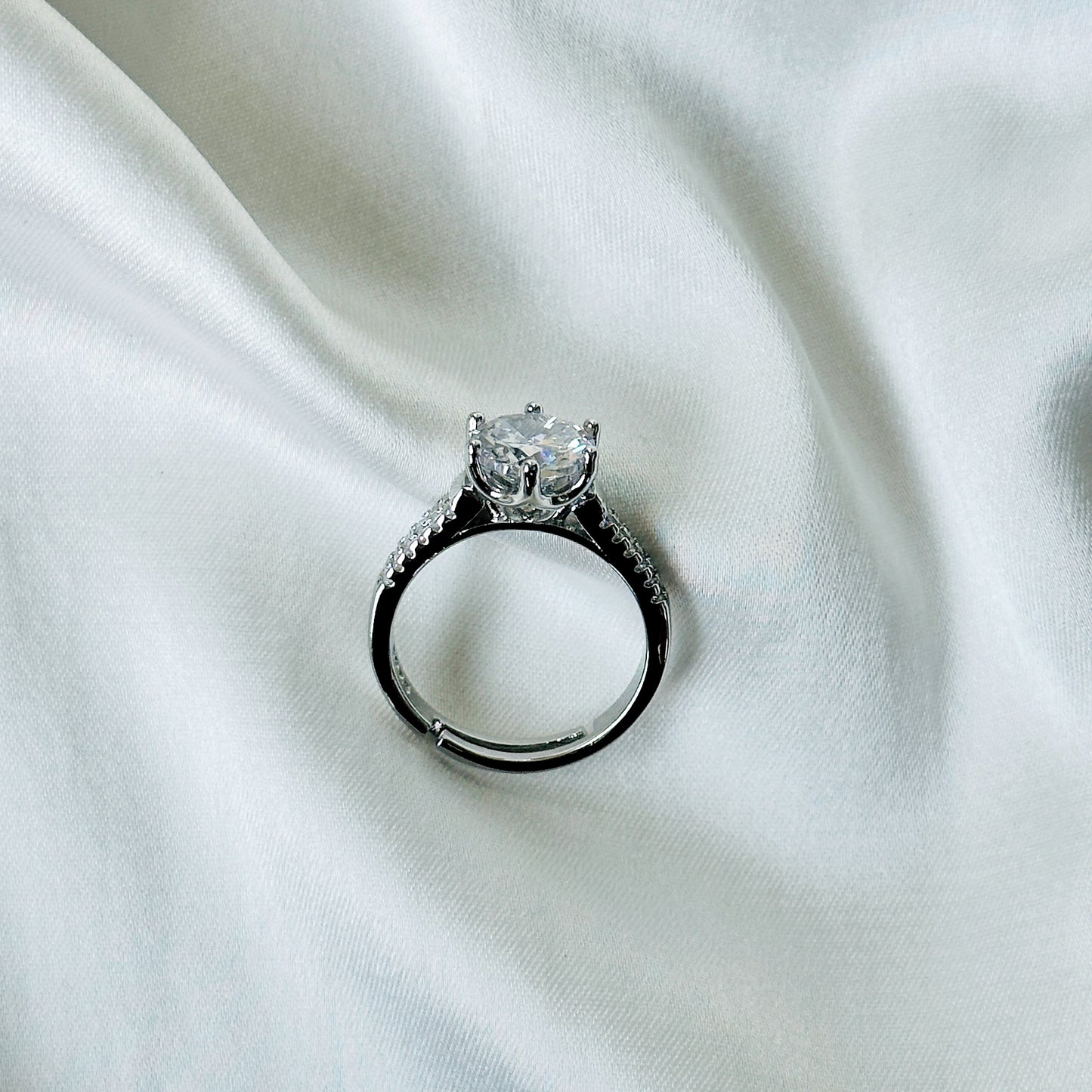 Solitaire Cubic Zircon American Diamond Silver Plated Adjustable Ring
