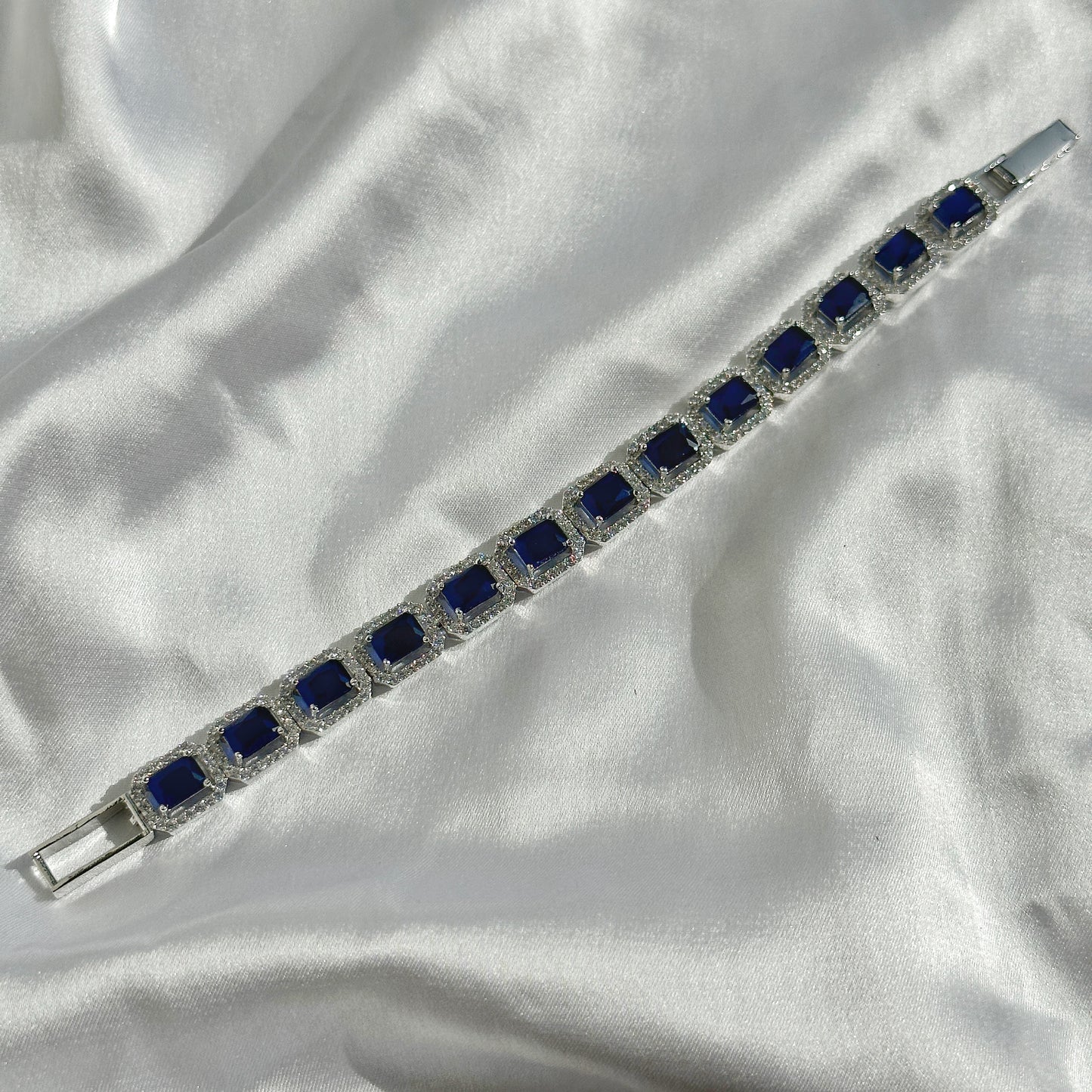 Blue Sapphire Cubic Zircon Stones American Diamond Silver Plated Chain Bracelet