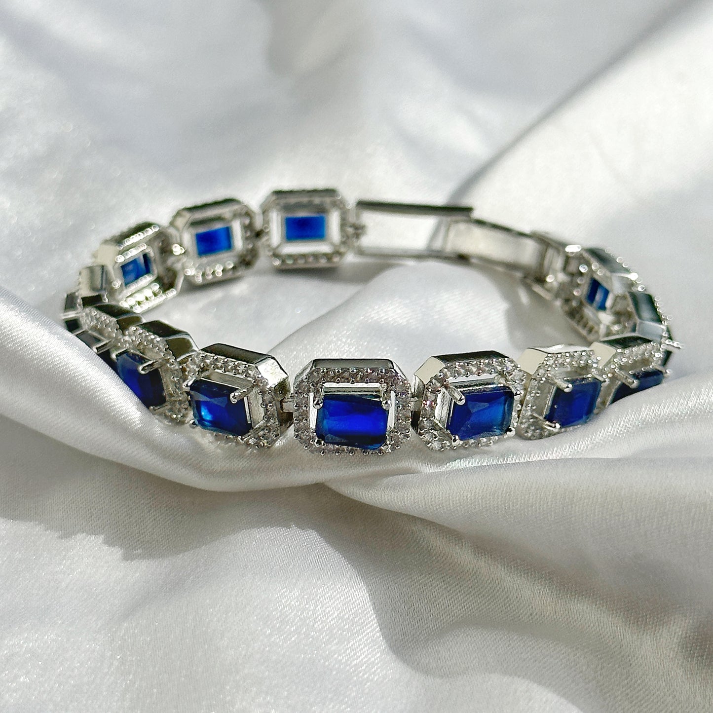 Blue Sapphire Cubic Zircon Stones American Diamond Silver Plated Chain Bracelet