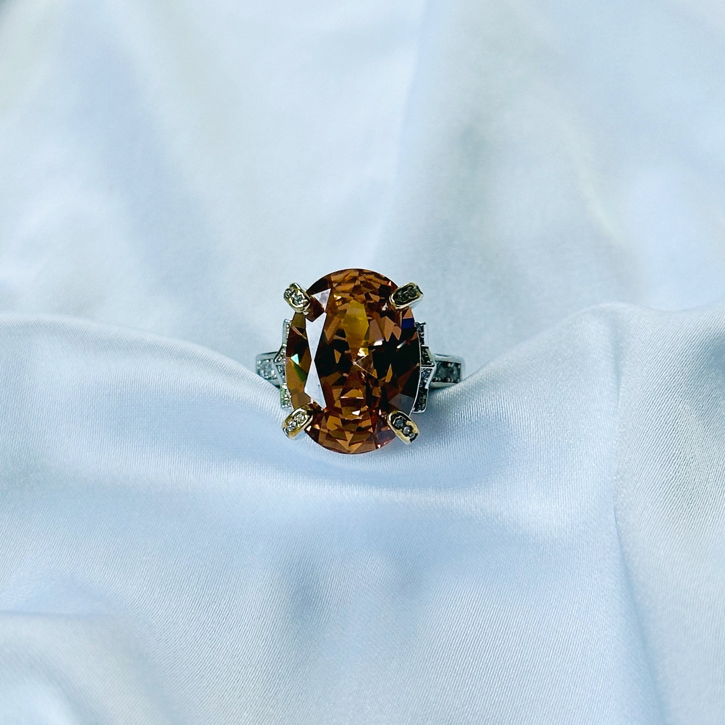 Yellow Smoked Topaz Cubic Zircon Ice Cut American Diamond Gold/Silver Plated Adjustable Ring