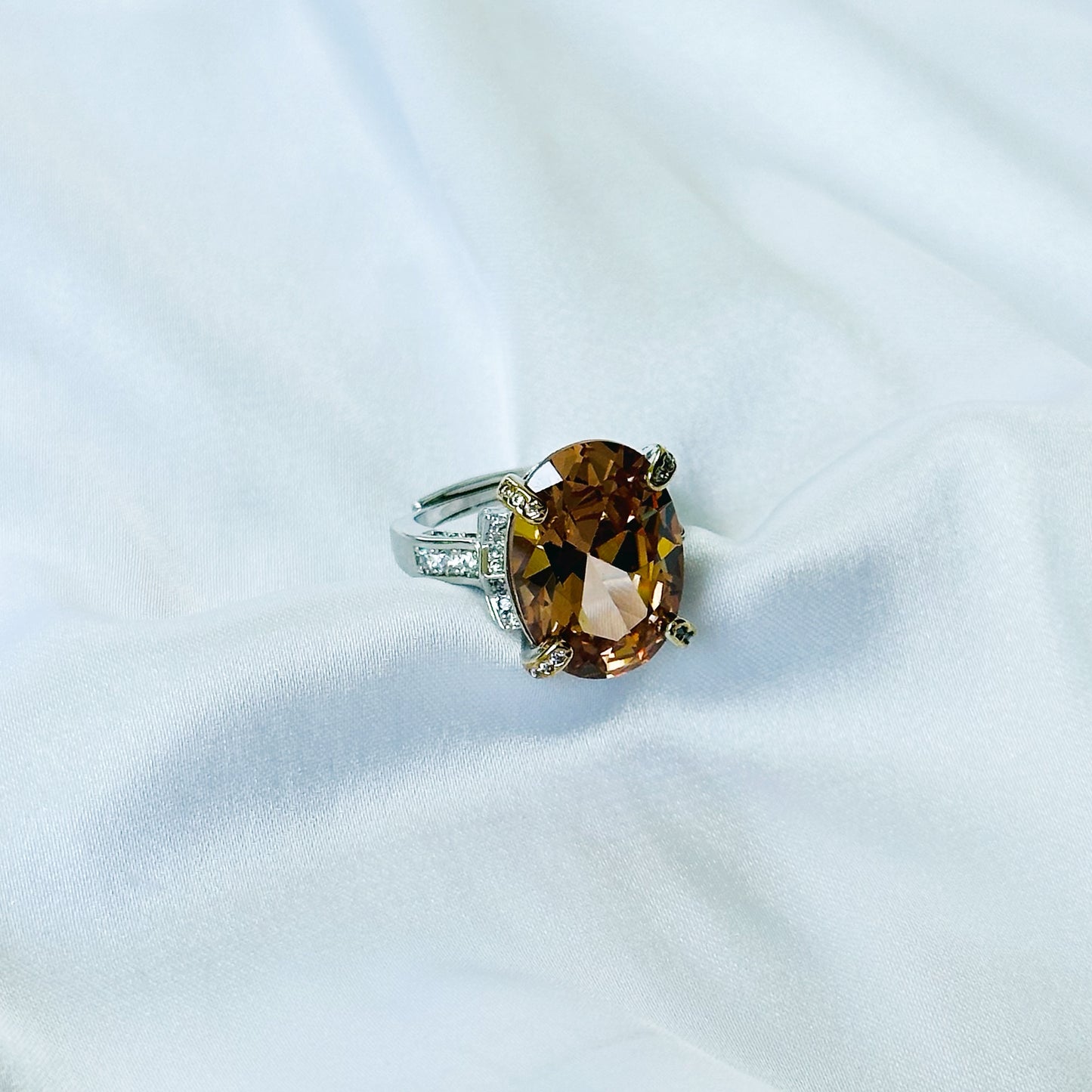 Yellow Smoked Topaz Cubic Zircon Ice Cut American Diamond Gold/Silver Plated Adjustable Ring