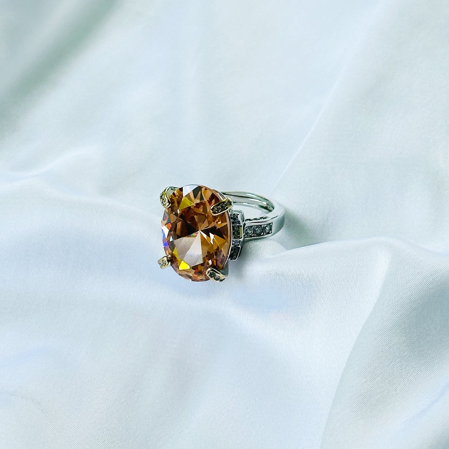 Yellow Smoked Topaz Cubic Zircon Ice Cut American Diamond Gold/Silver Plated Adjustable Ring