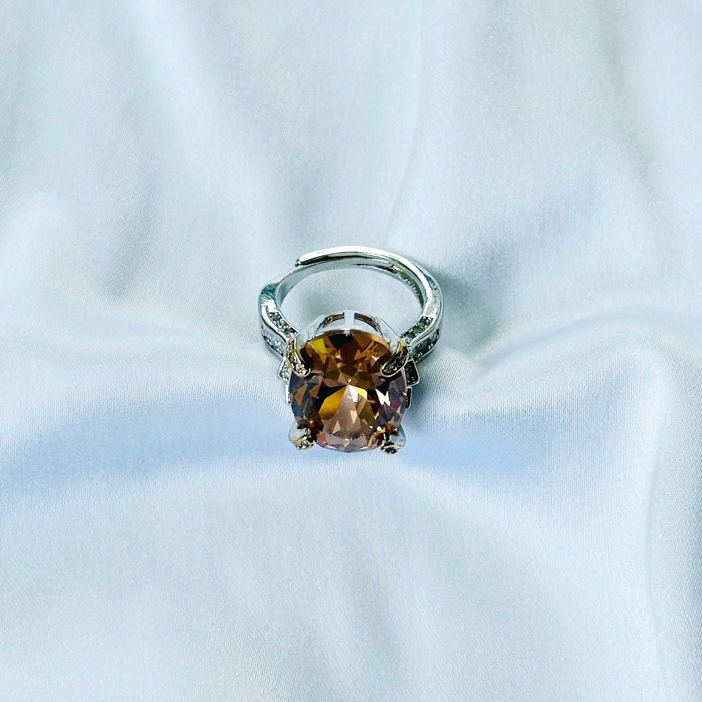 Yellow Smoked Topaz Cubic Zircon Ice Cut American Diamond Gold/Silver Plated Adjustable Ring