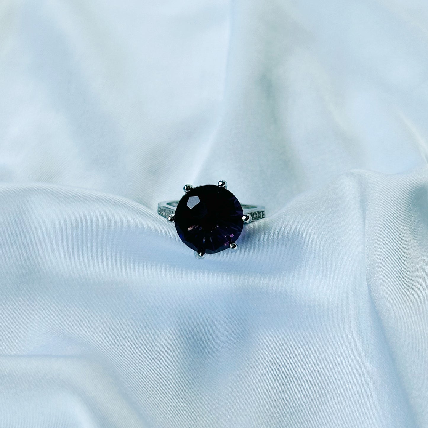 Deep Purple Amethyst Cubic Zircon Ice Cut American Diamond Silver Plated Adjustable Ring