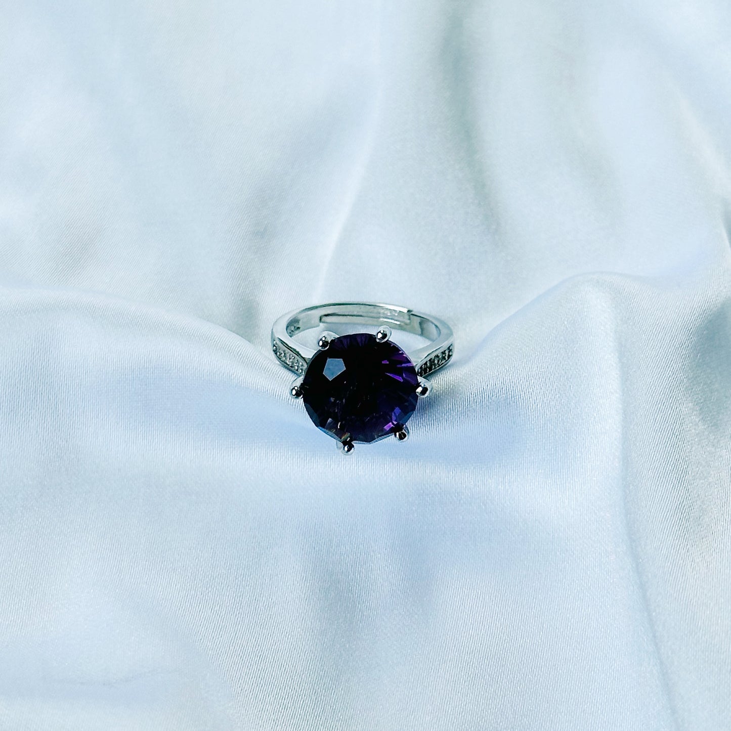 Deep Purple Amethyst Cubic Zircon Ice Cut American Diamond Silver Plated Adjustable Ring