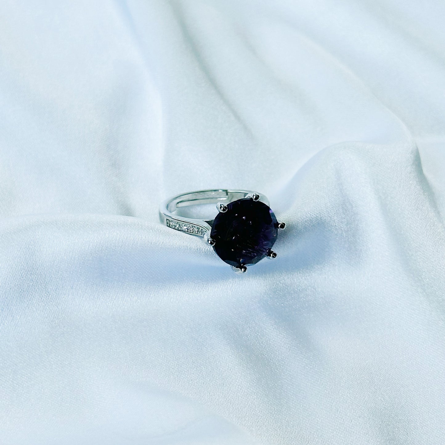 Deep Purple Amethyst Cubic Zircon Ice Cut American Diamond Silver Plated Adjustable Ring