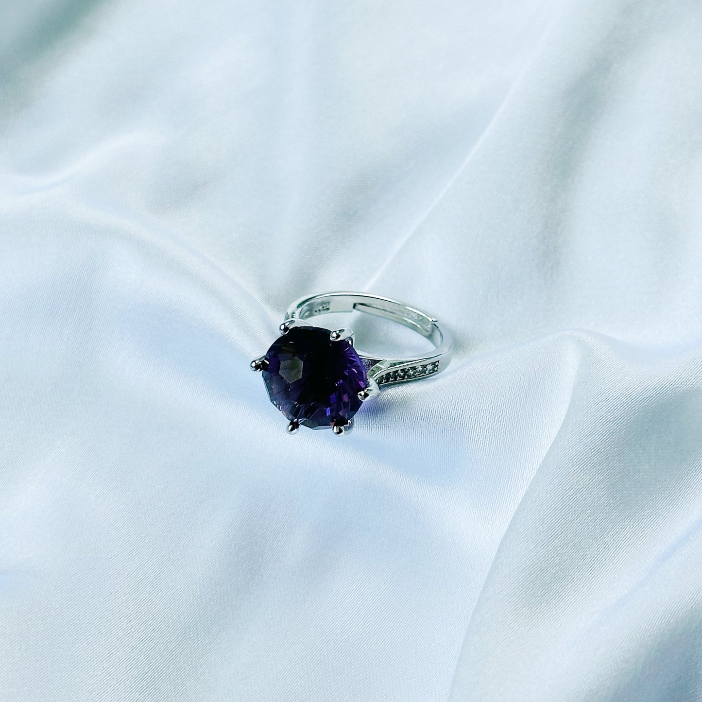 Deep Purple Amethyst Cubic Zircon Ice Cut American Diamond Silver Plated Adjustable Ring
