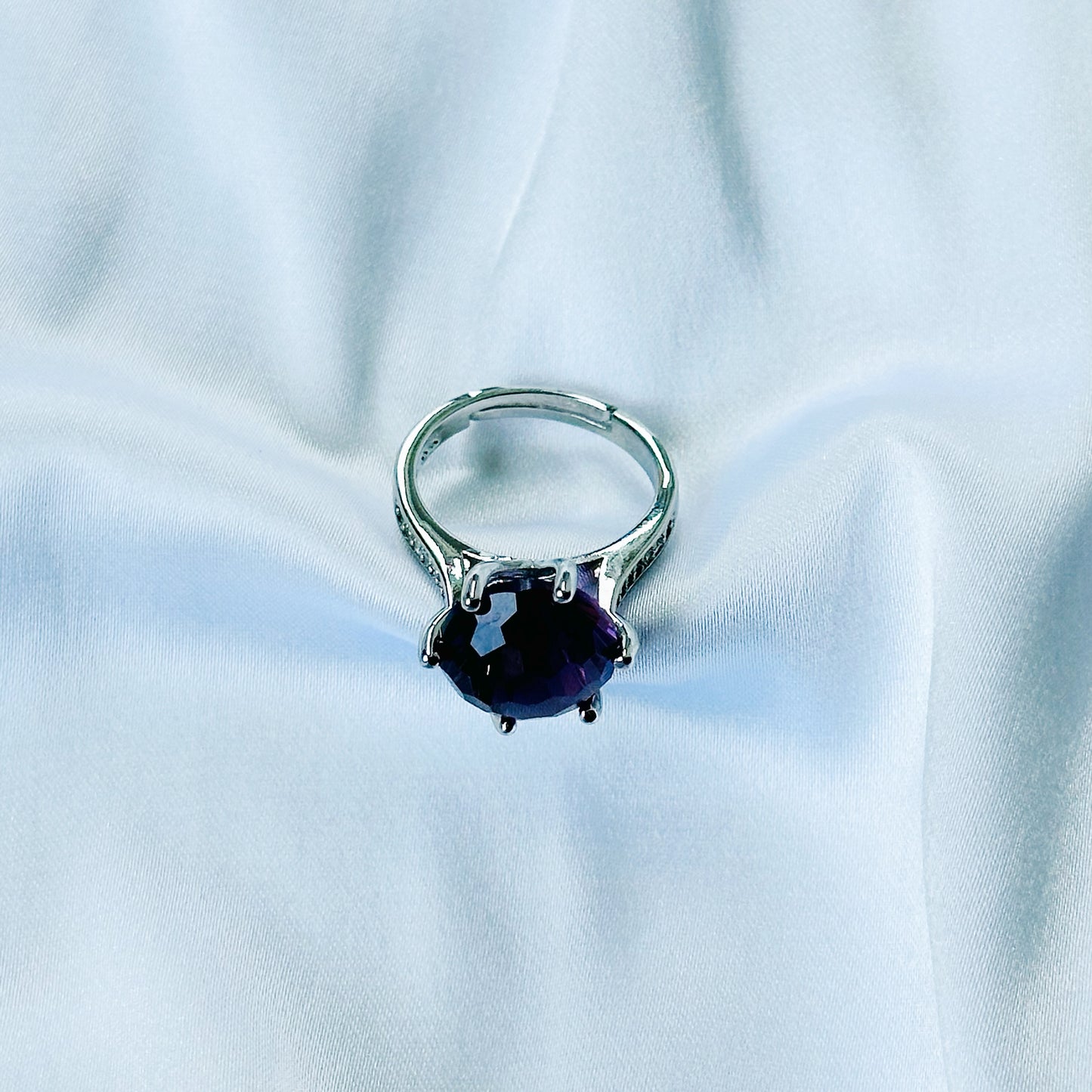 Deep Purple Amethyst Cubic Zircon Ice Cut American Diamond Silver Plated Adjustable Ring