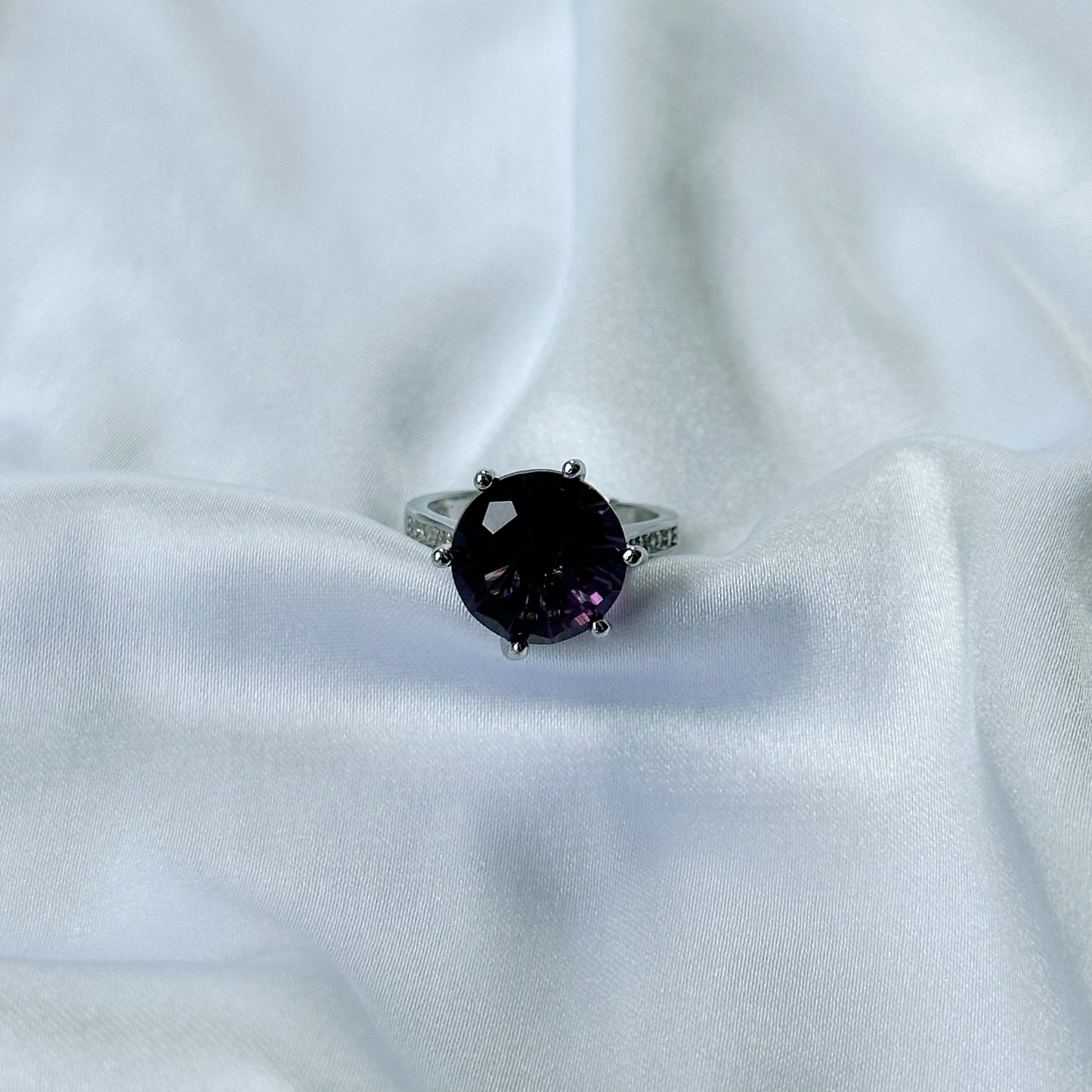 Deep Purple Amethyst Cubic Zircon Ice Cut American Diamond Silver Plated Adjustable Ring