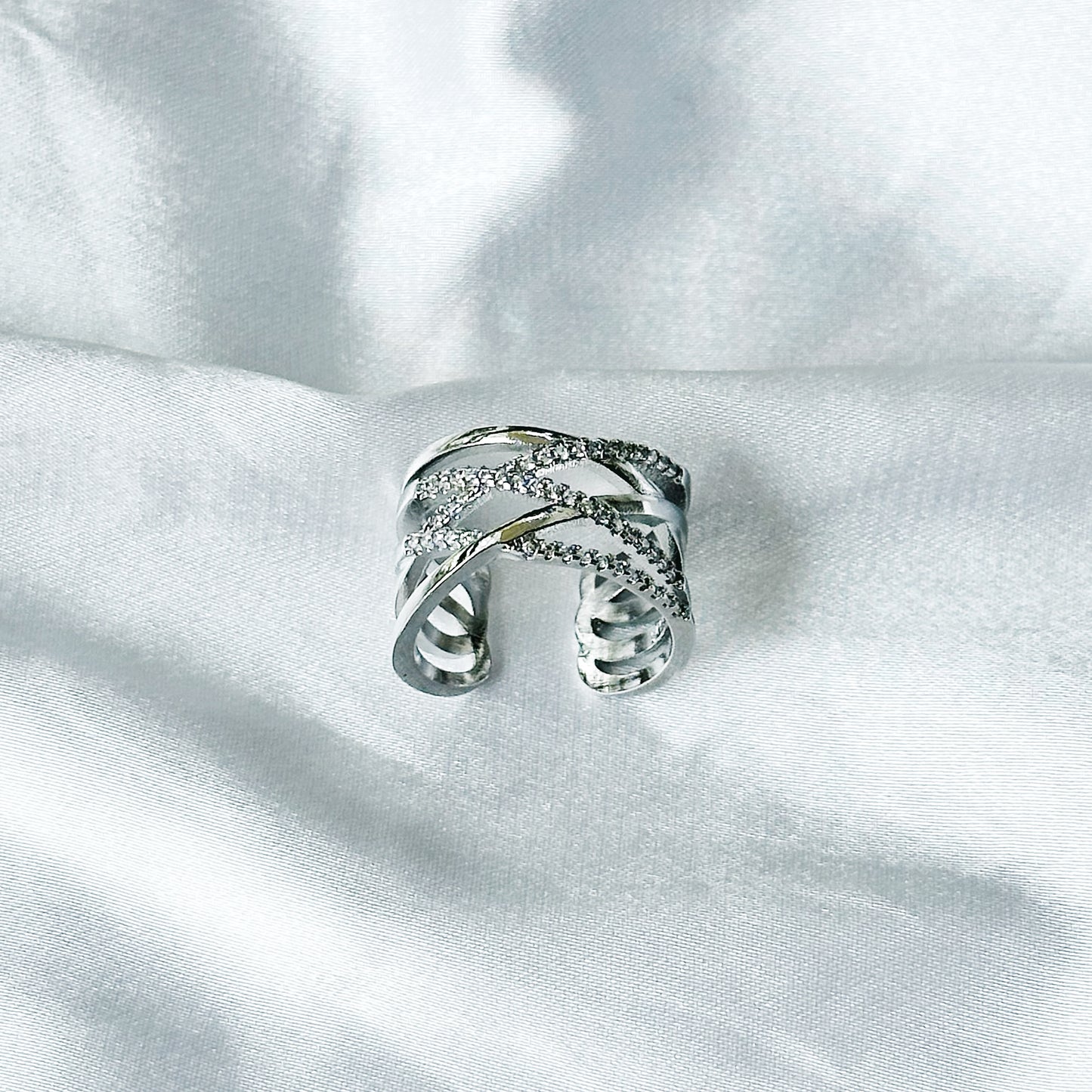 American Diamond Silver Studded Plated Adjustable Ring