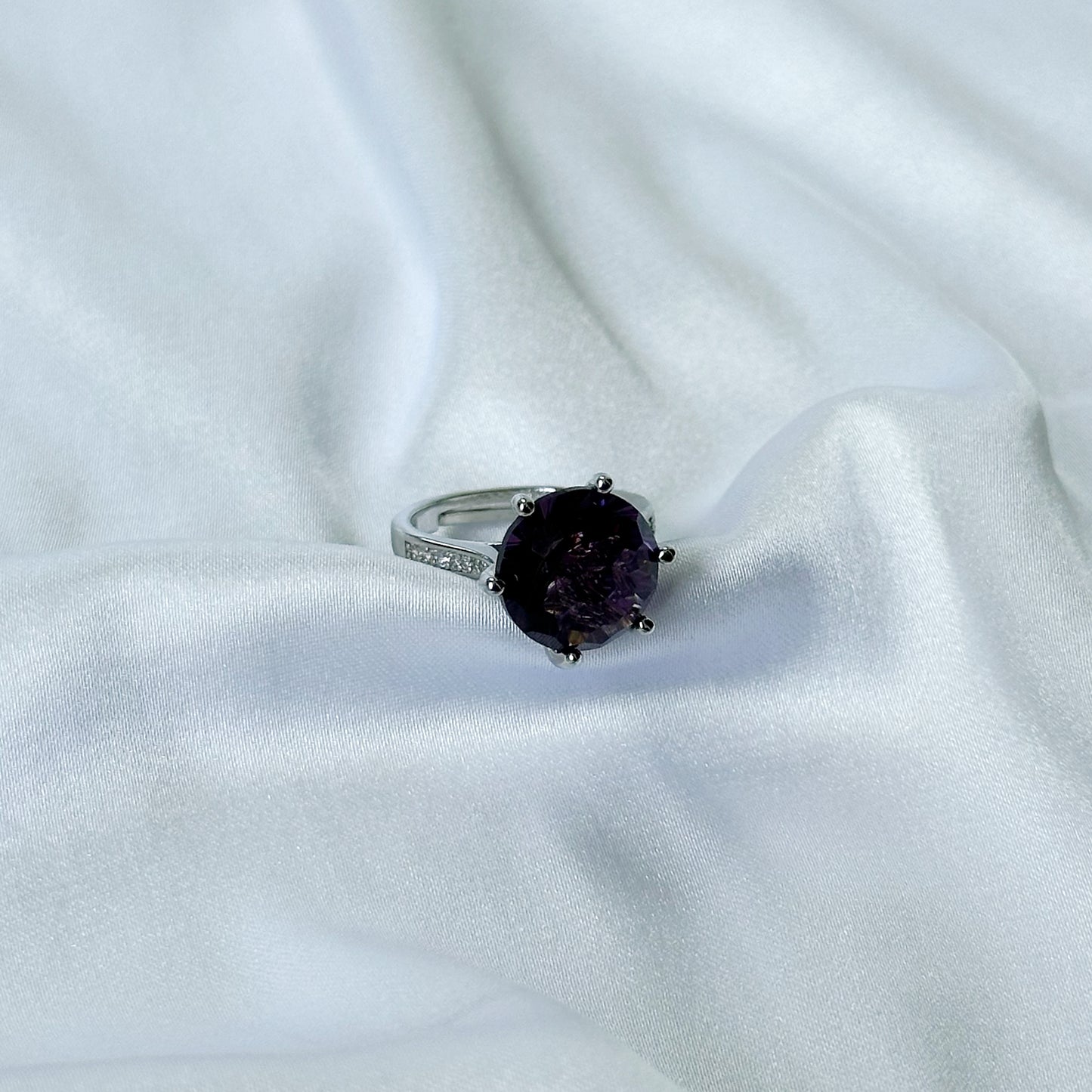 Deep Purple Amethyst Cubic Zircon Ice Cut American Diamond Silver Plated Adjustable Ring
