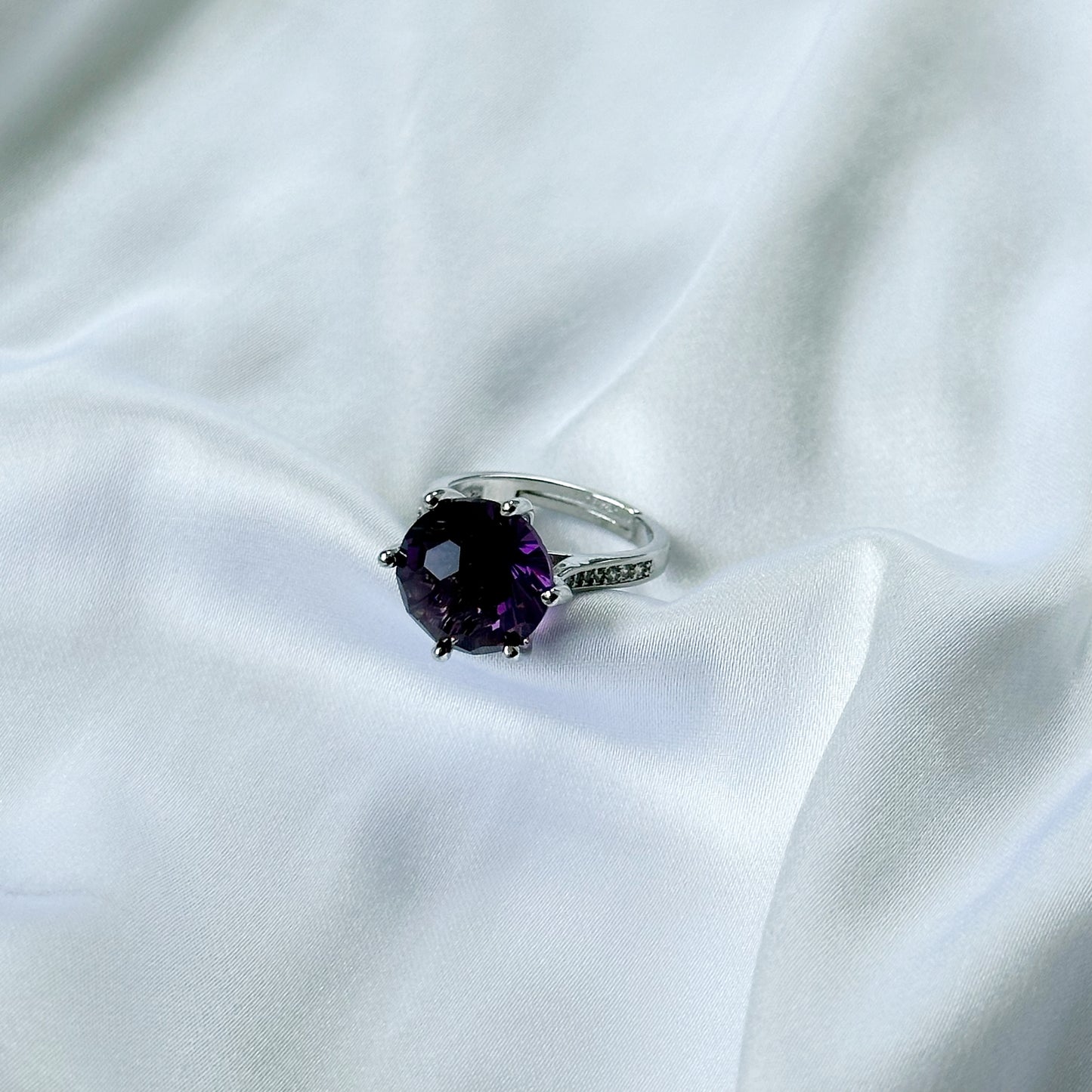 Deep Purple Amethyst Cubic Zircon Ice Cut American Diamond Silver Plated Adjustable Ring