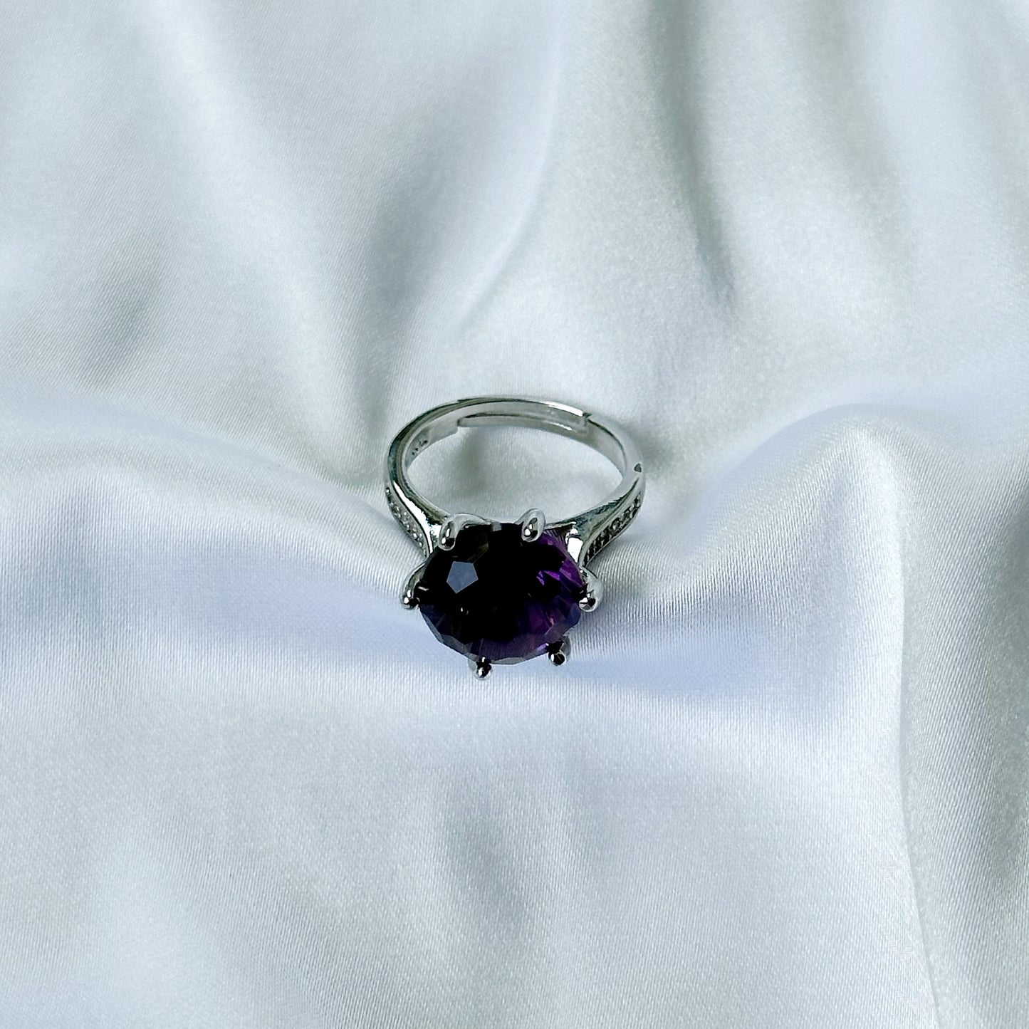 Deep Purple Amethyst Cubic Zircon Ice Cut American Diamond Silver Plated Adjustable Ring