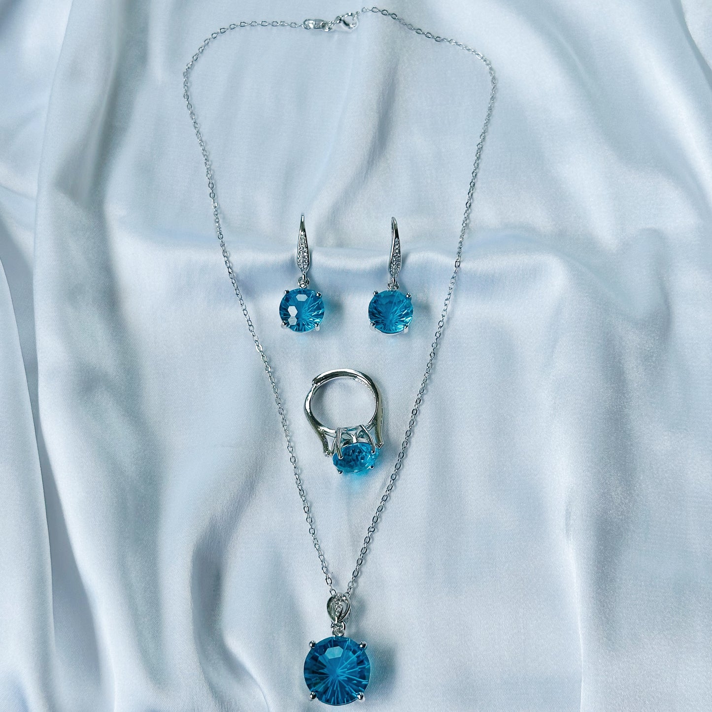 Aqua Blue Sapphire Cubic Zircon Ice Cut American Diamond Silver Plated Pendant Set Combo