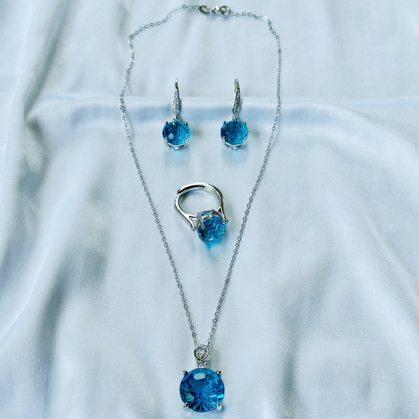 Aqua Blue Sapphire Cubic Zircon Ice Cut American Diamond Silver Plated Pendant Set Combo