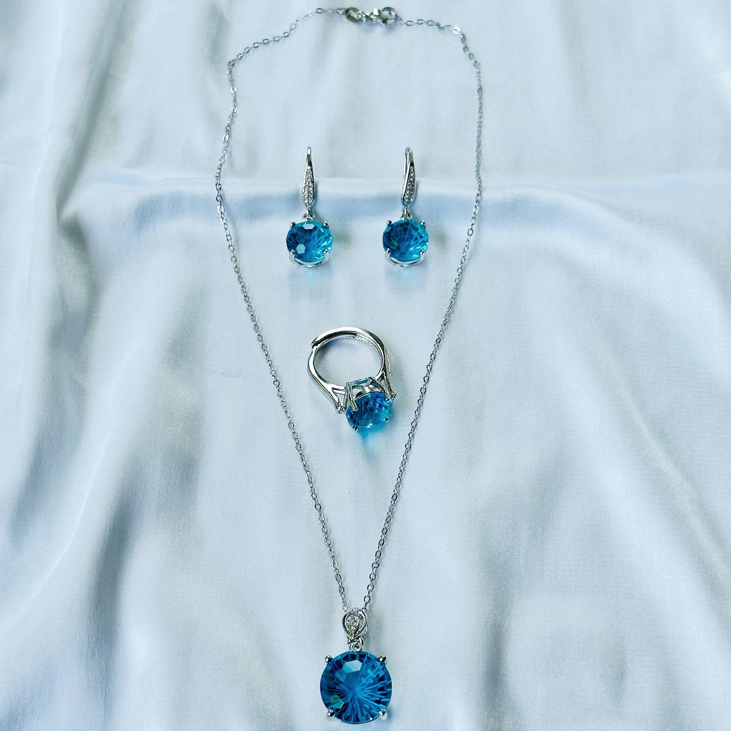 Aqua Blue Sapphire Cubic Zircon Ice Cut American Diamond Silver Plated Pendant Set Combo