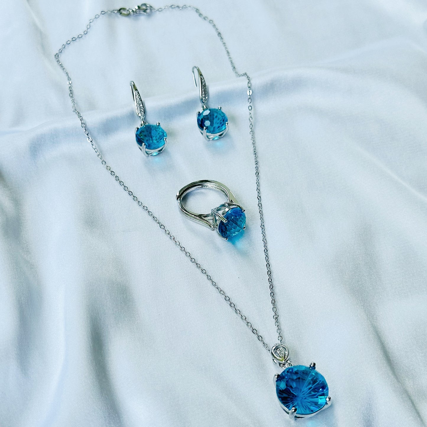 Aqua Blue Sapphire Cubic Zircon Ice Cut American Diamond Silver Plated Pendant Set Combo