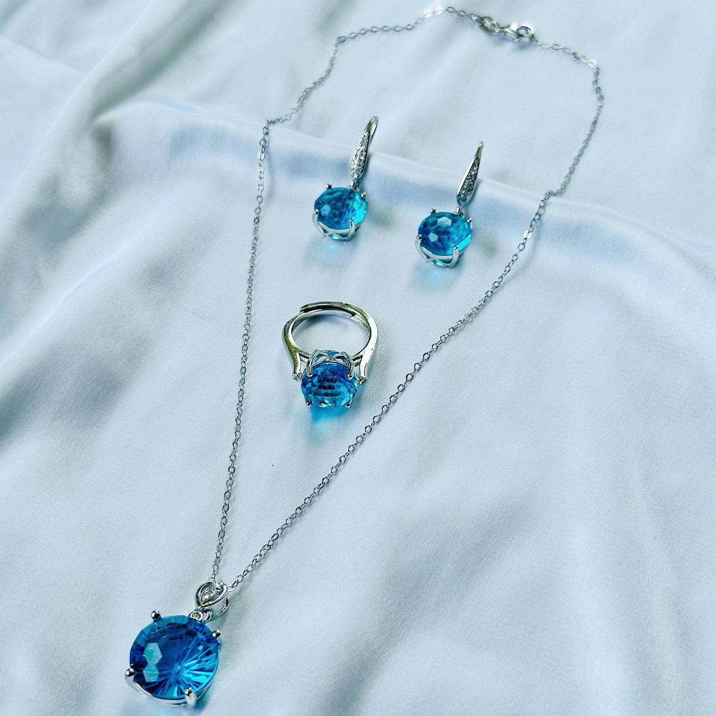 Aqua Blue Sapphire Cubic Zircon Ice Cut American Diamond Silver Plated Pendant Set Combo