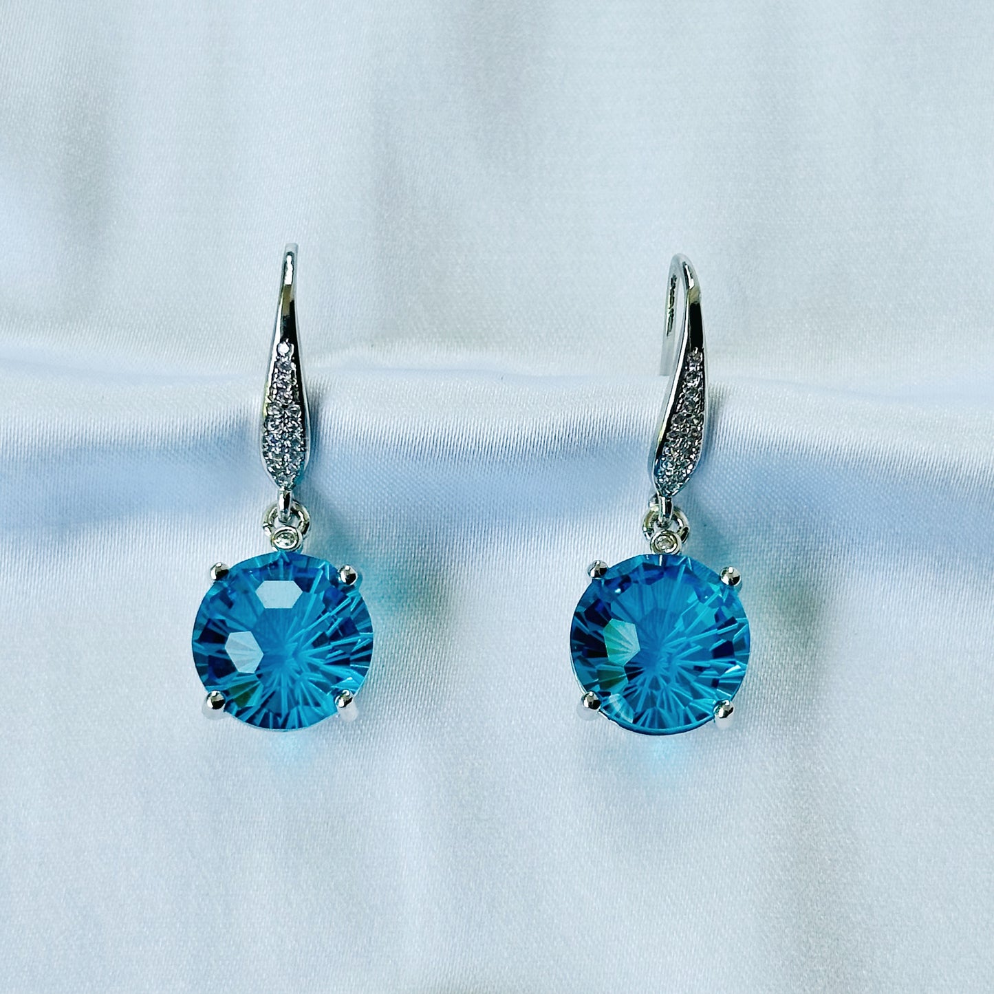 Aqua Blue Sapphire Cubic Zircon Ice Cut American Diamond Silver Plated Pendant Set Combo