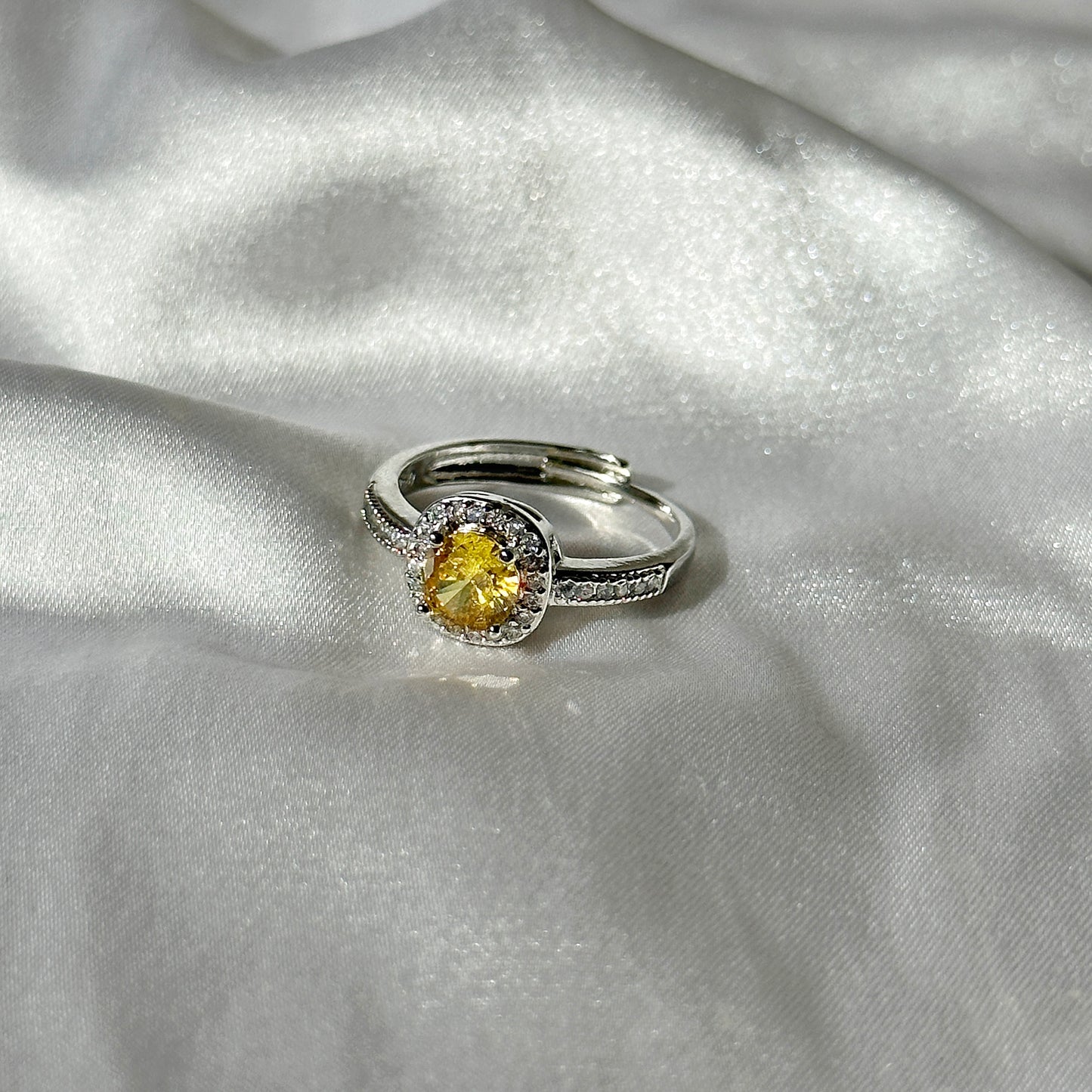 Yellow Topaz Cubic Zircon American Diamond Silver Plated Adjustable Ring