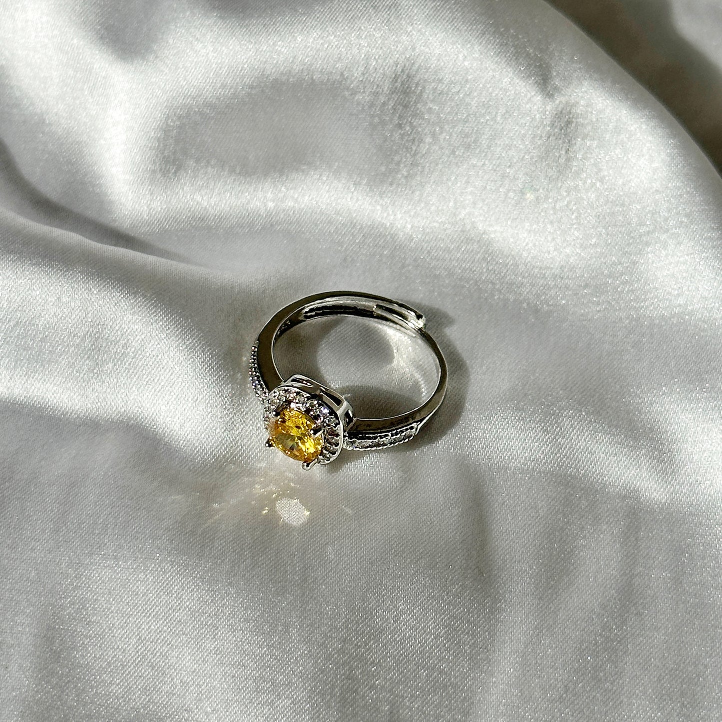Yellow Topaz Cubic Zircon American Diamond Silver Plated Adjustable Ring