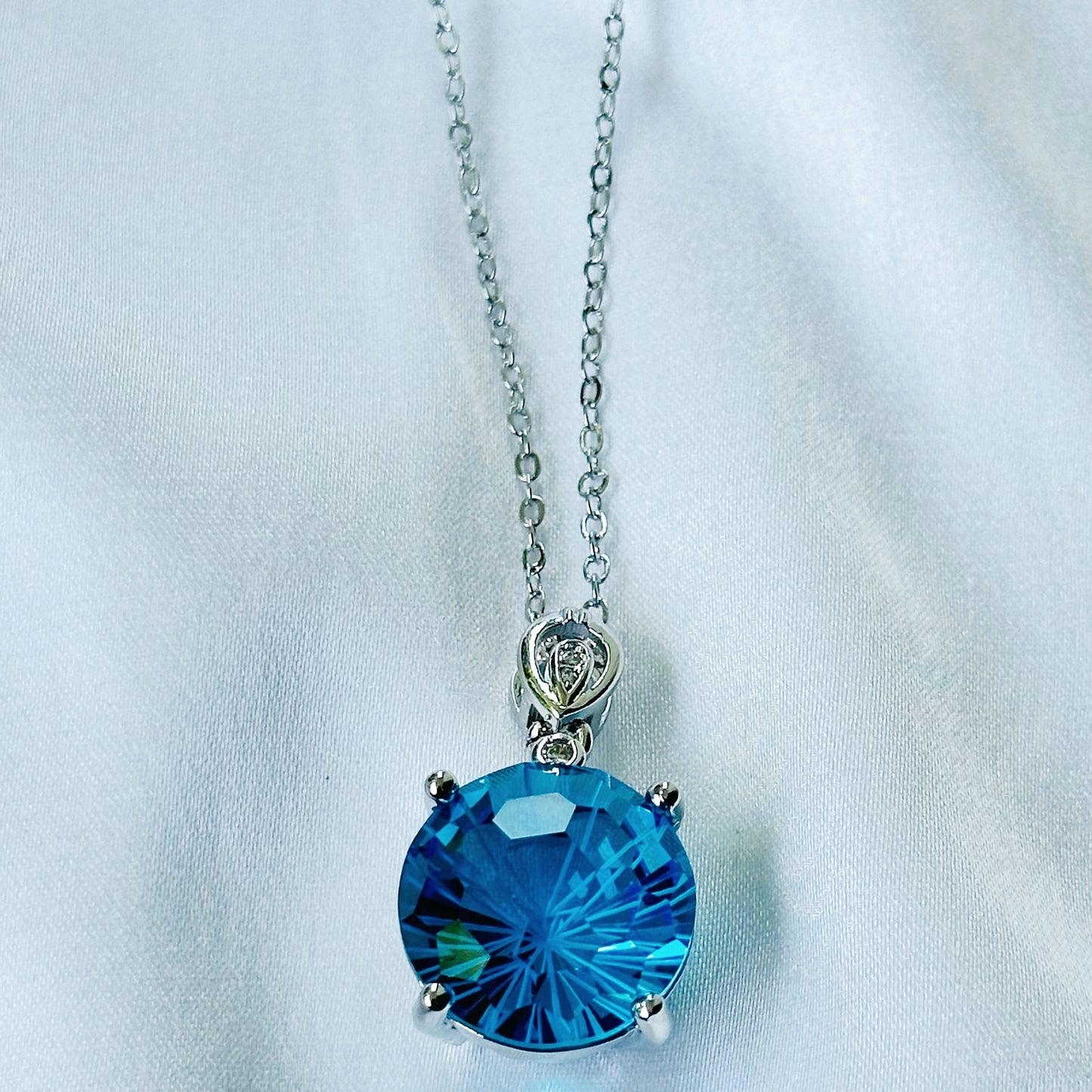 Aqua Blue Sapphire Cubic Zircon Ice Cut American Diamond Silver Plated Pendant Set Combo